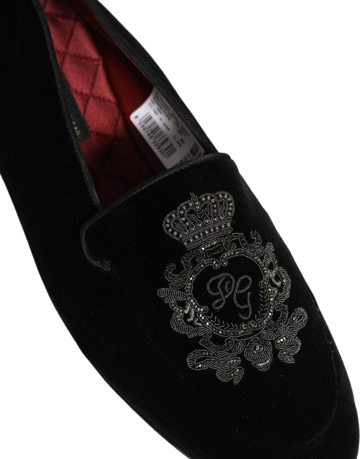New Dolce & Gabbana Black Velvet Crown Embroidery Loafers Shoes