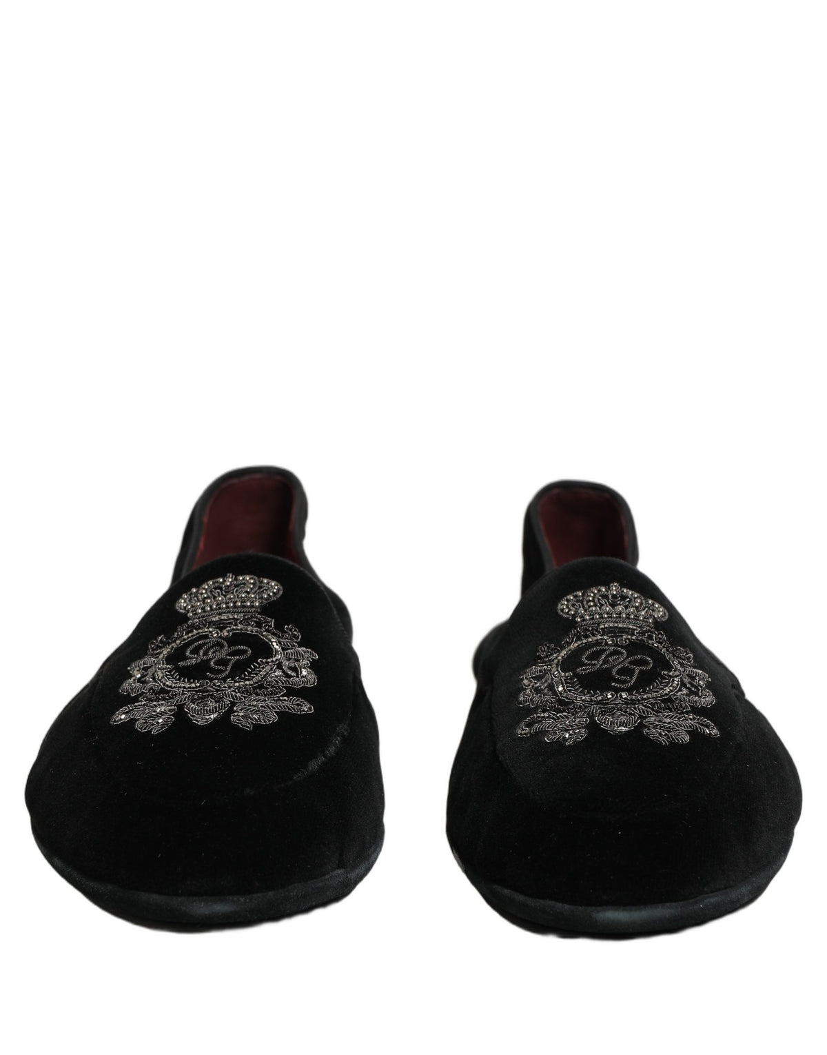 New Dolce & Gabbana Black Velvet Crown Embroidery Loafers Shoes