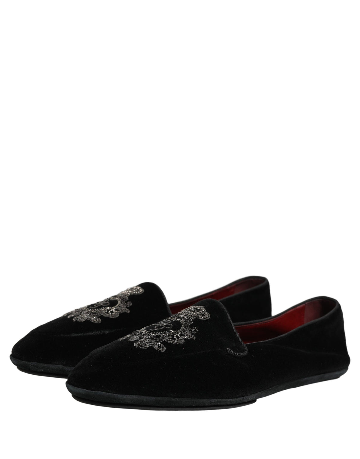 New Dolce & Gabbana Black Velvet Crown Embroidery Loafers Shoes