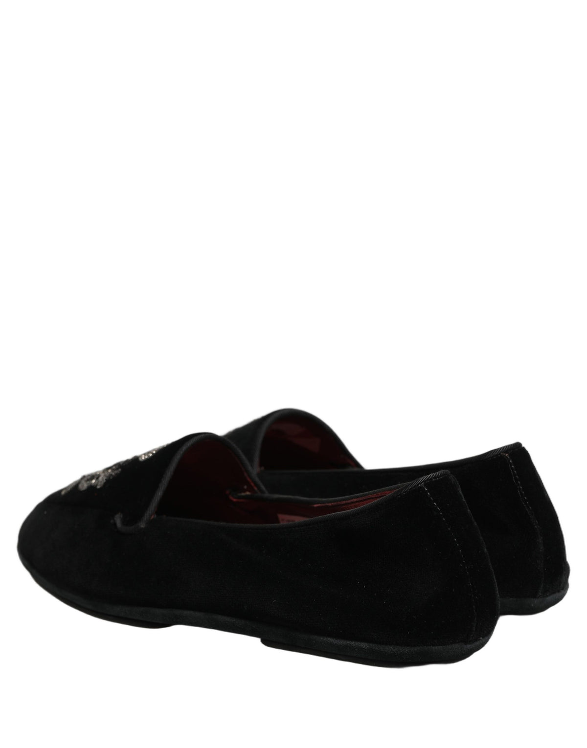 New Dolce & Gabbana Black Velvet Crown Embroidery Loafers Shoes
