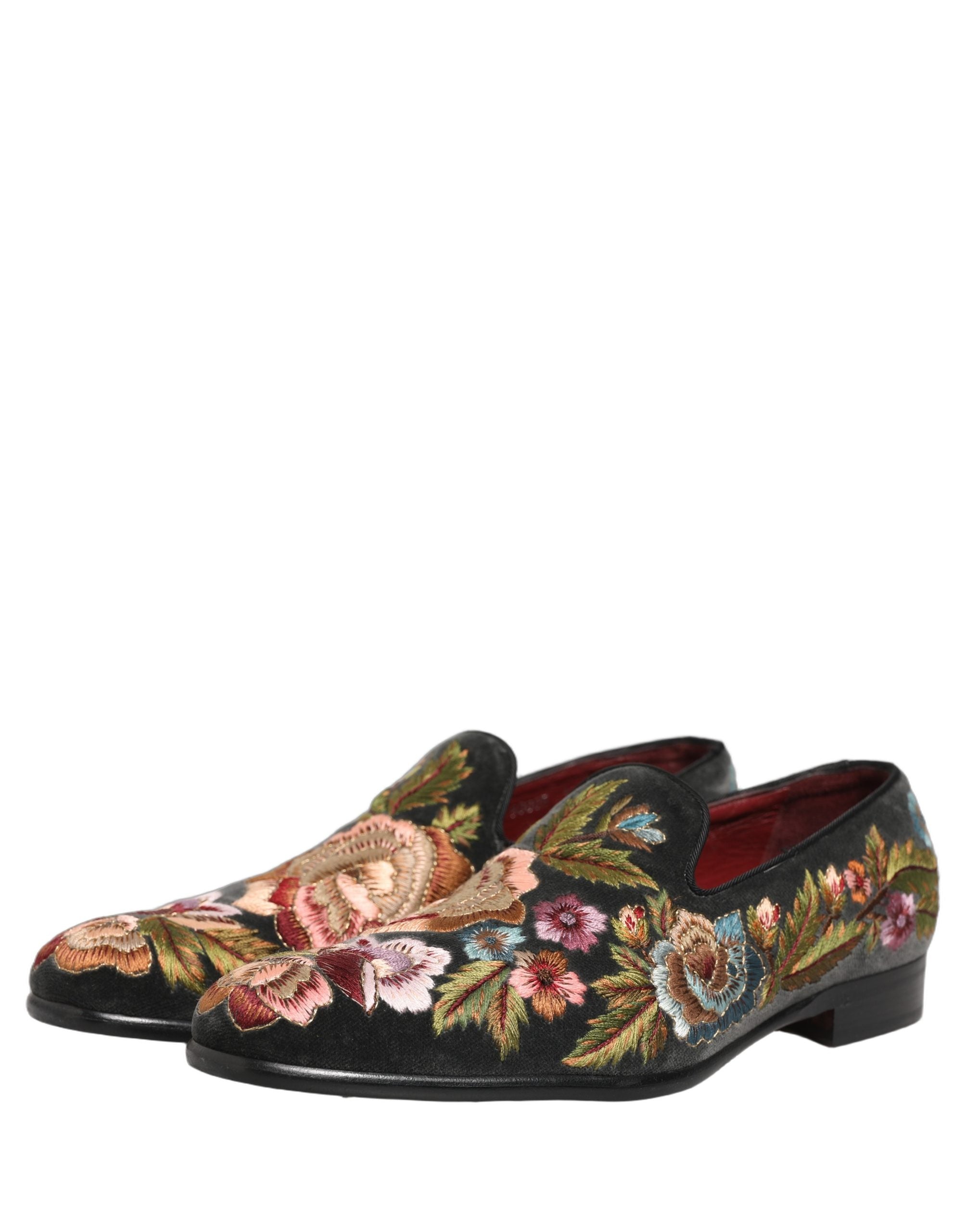 Pre-Owned Dolce & Gabbana Black Velvet Floral Embroidery Loafers Shoes