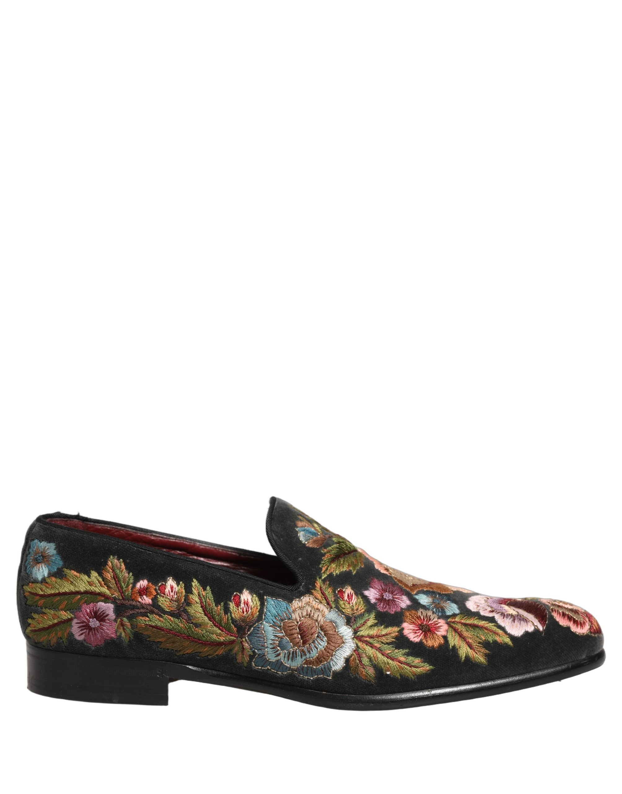 Pre-Owned Dolce & Gabbana Black Velvet Floral Embroidery Loafers Shoes