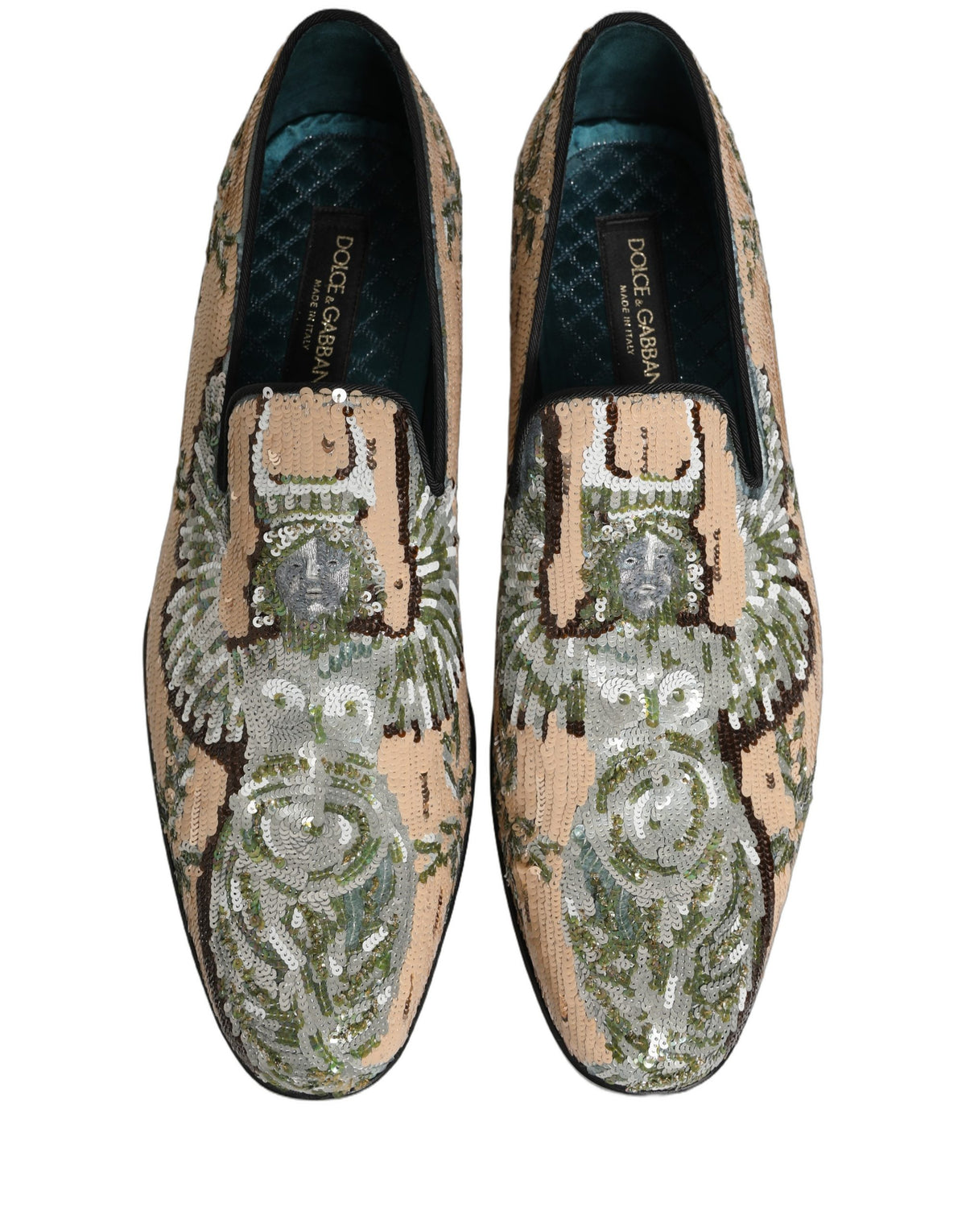 New Dolce & Gabbana Beige Sequin Embroidery Dress Loafers Shoes