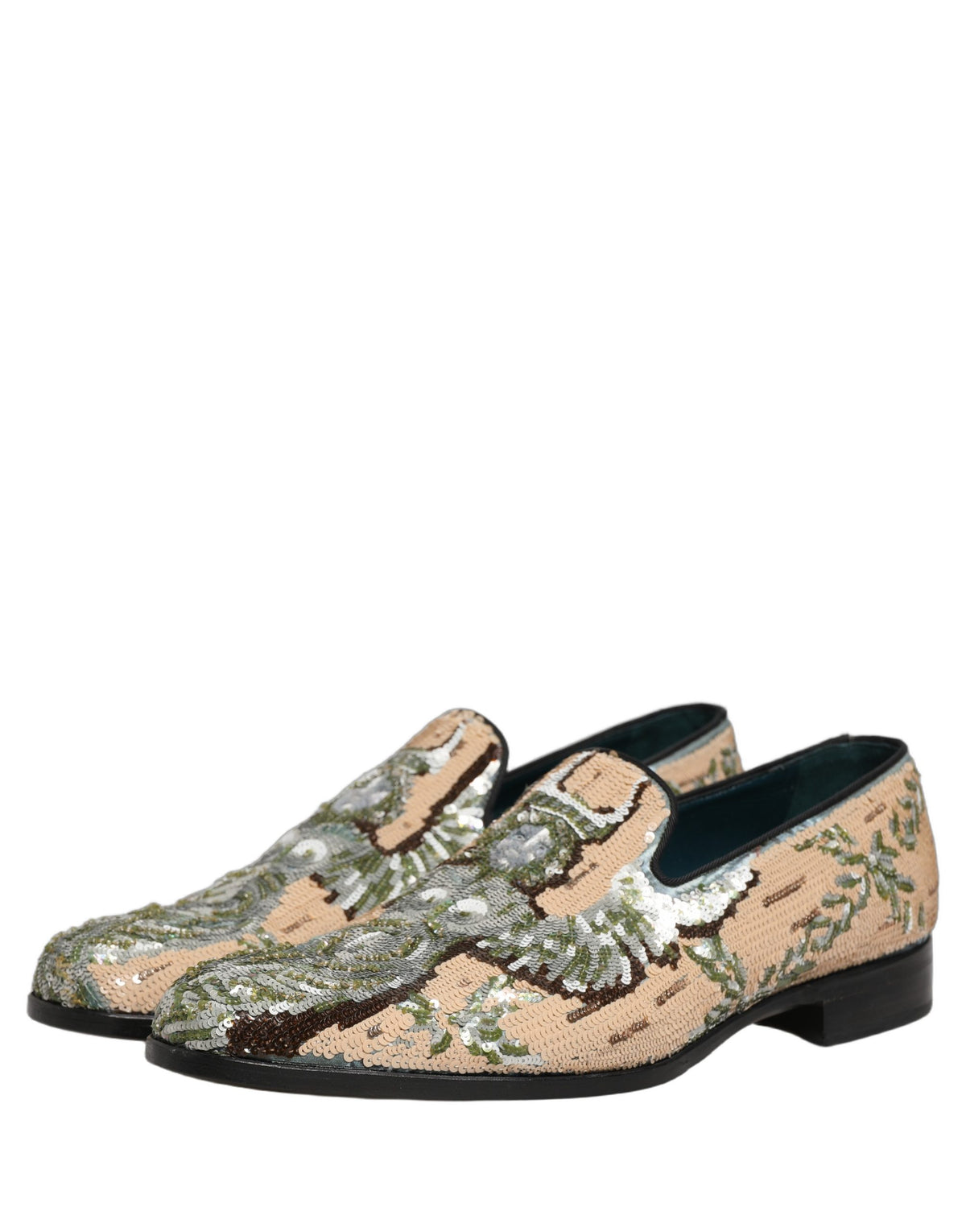 New Dolce & Gabbana Beige Sequin Embroidery Dress Loafers Shoes
