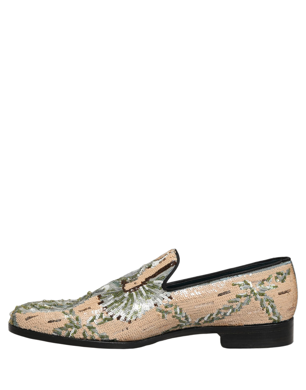 New Dolce & Gabbana Beige Sequin Embroidery Dress Loafers Shoes