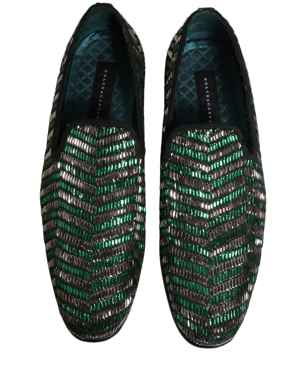 New Dolce & Gabbana Silver Green Embellished Dress Loafers Shoes