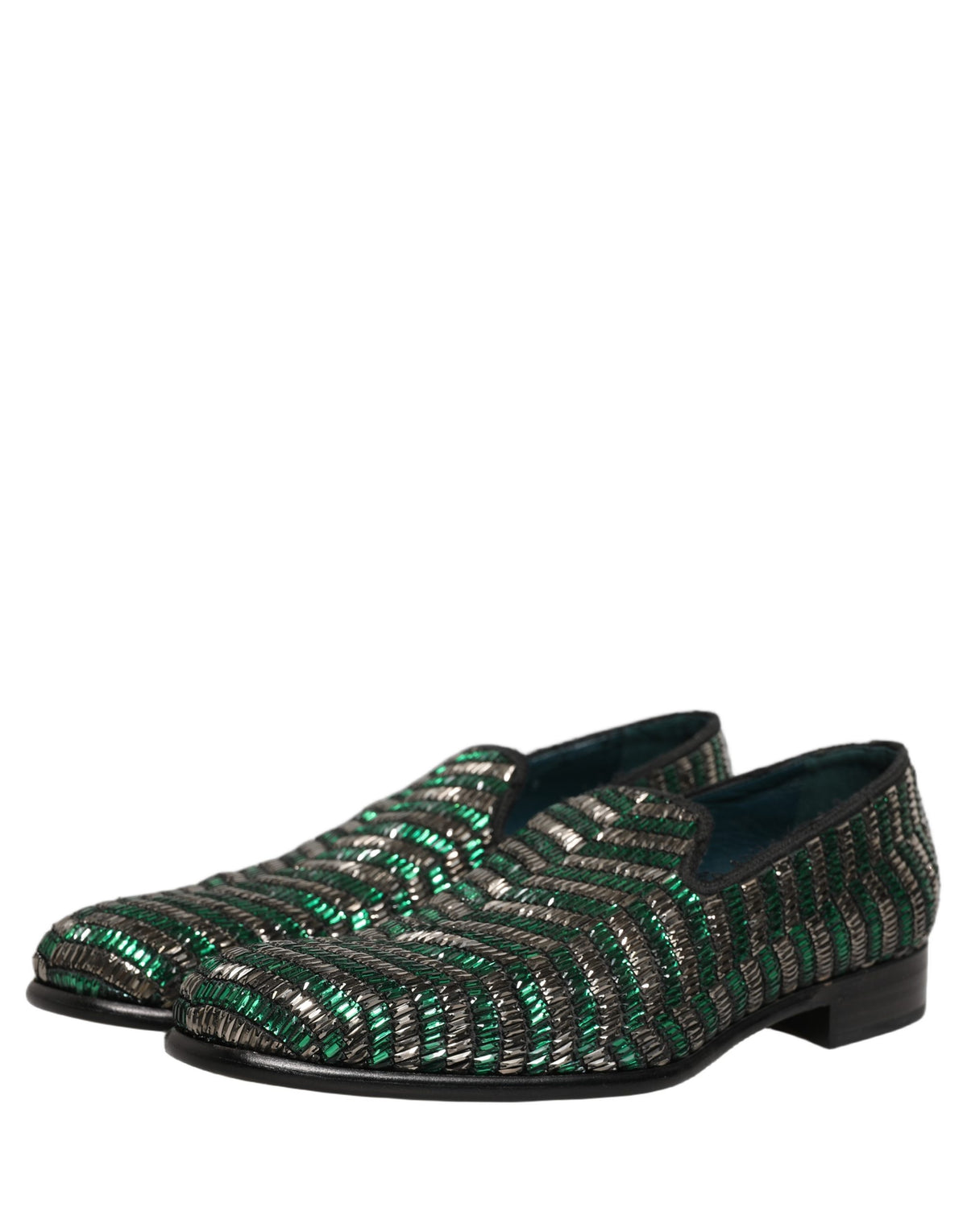 New Dolce & Gabbana Silver Green Embellished Dress Loafers Shoes
