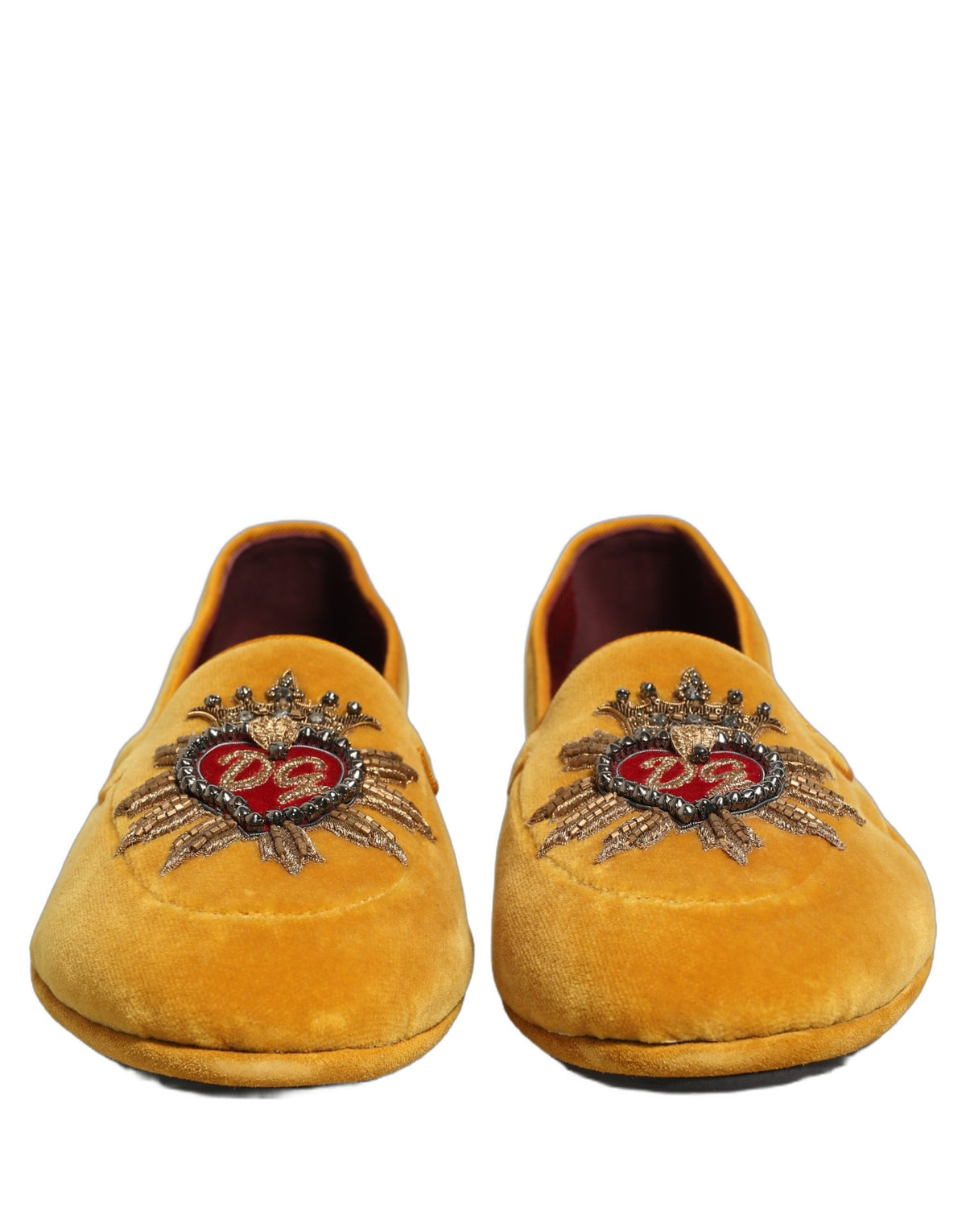 New Dolce & Gabbana Yellow Velvet DG Heart Loafers Flats Shoes
