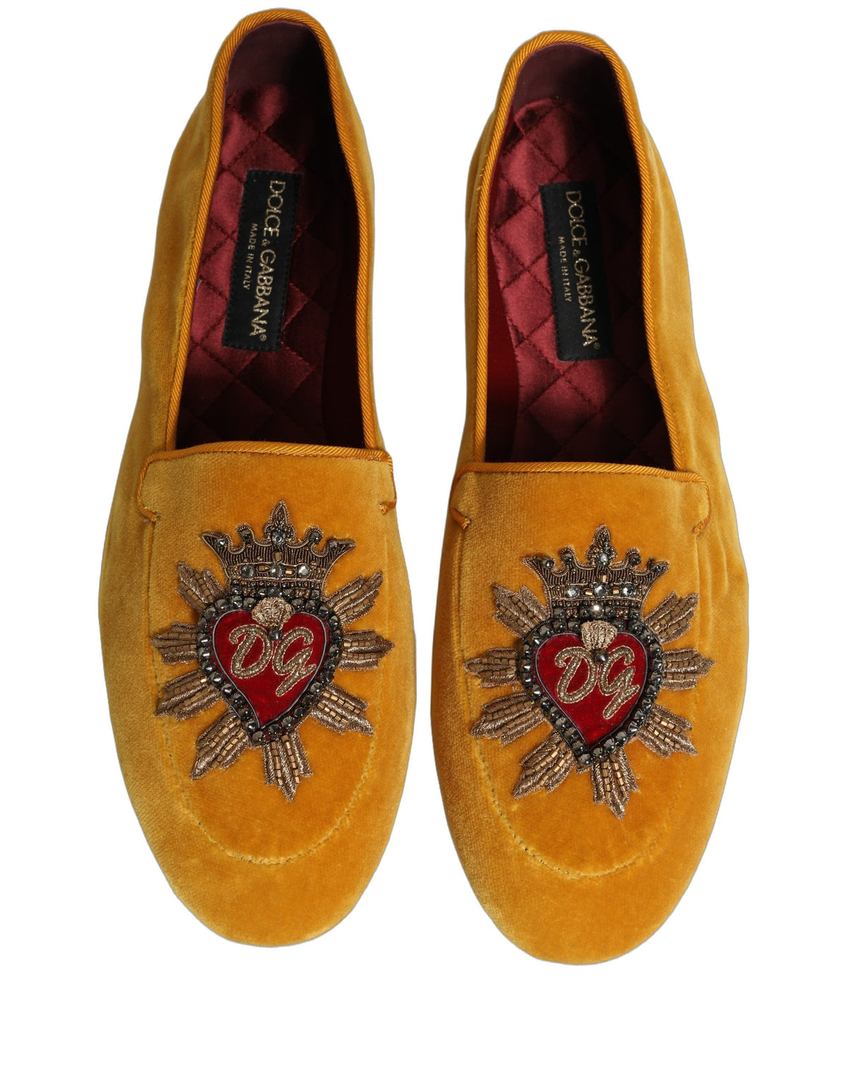 New Dolce & Gabbana Yellow Velvet DG Heart Loafers Flats Shoes