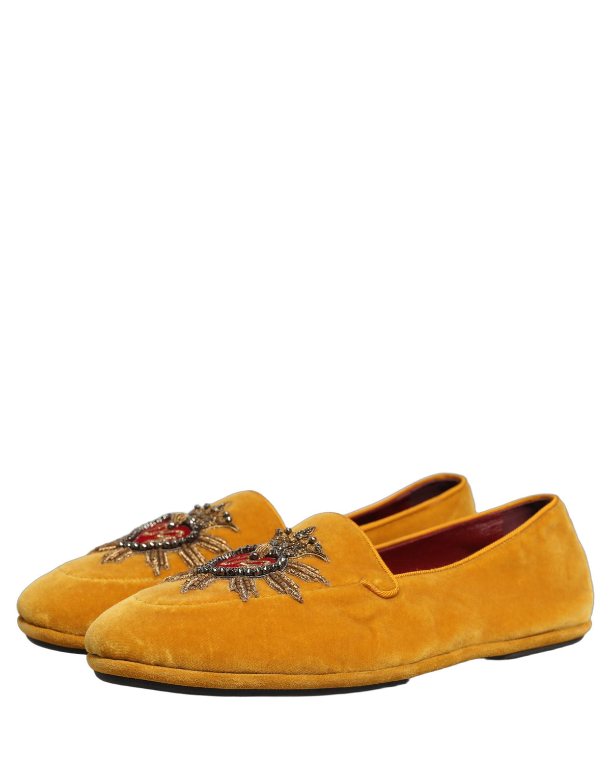New Dolce & Gabbana Yellow Velvet DG Heart Loafers Flats Shoes