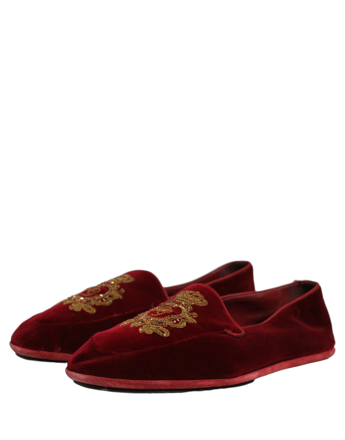 New Dolce & Gabbana Maroon Velvet Crown Embroidery Loafers Shoes