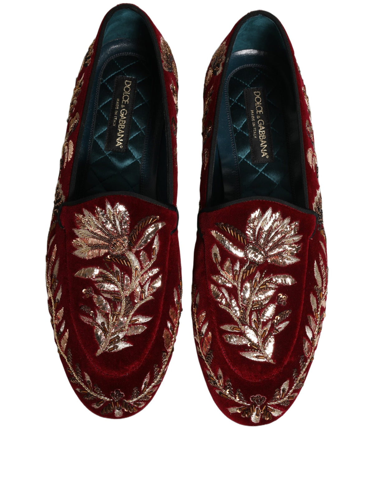 New Dolce & Gabbana Red Velvet Floral Embroidery Loafers Shoes
