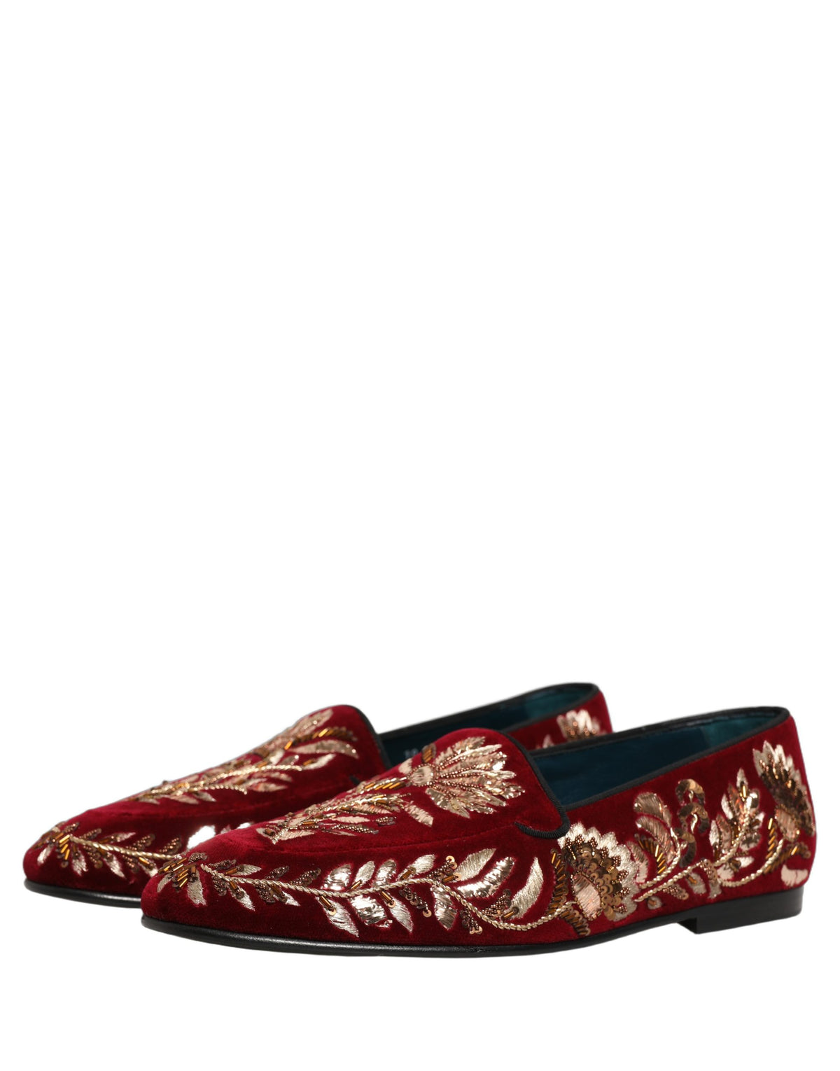 New Dolce & Gabbana Red Velvet Floral Embroidery Loafers Shoes