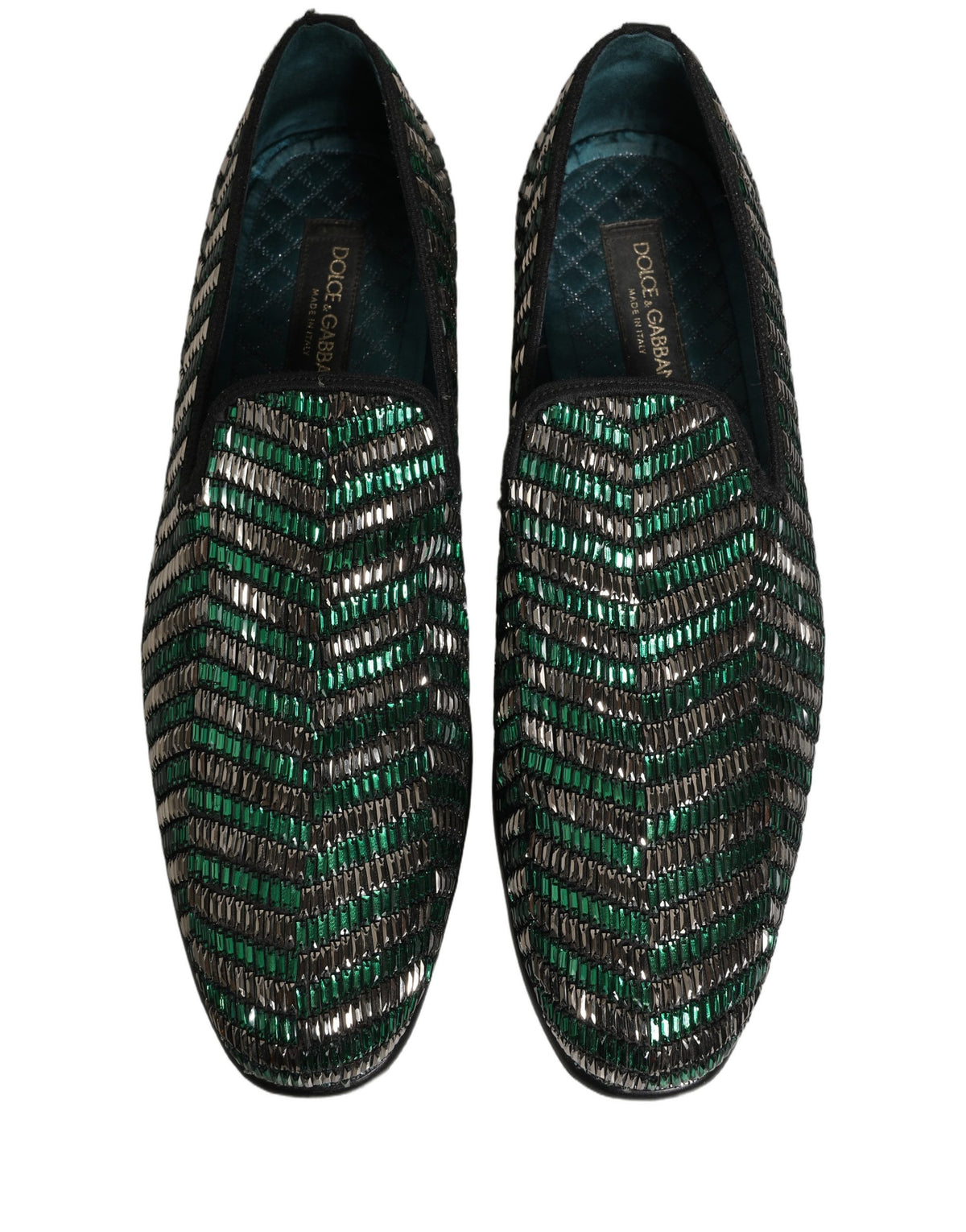 New Dolce & Gabbana Silver Green Embellished Dress Loafers Shoes