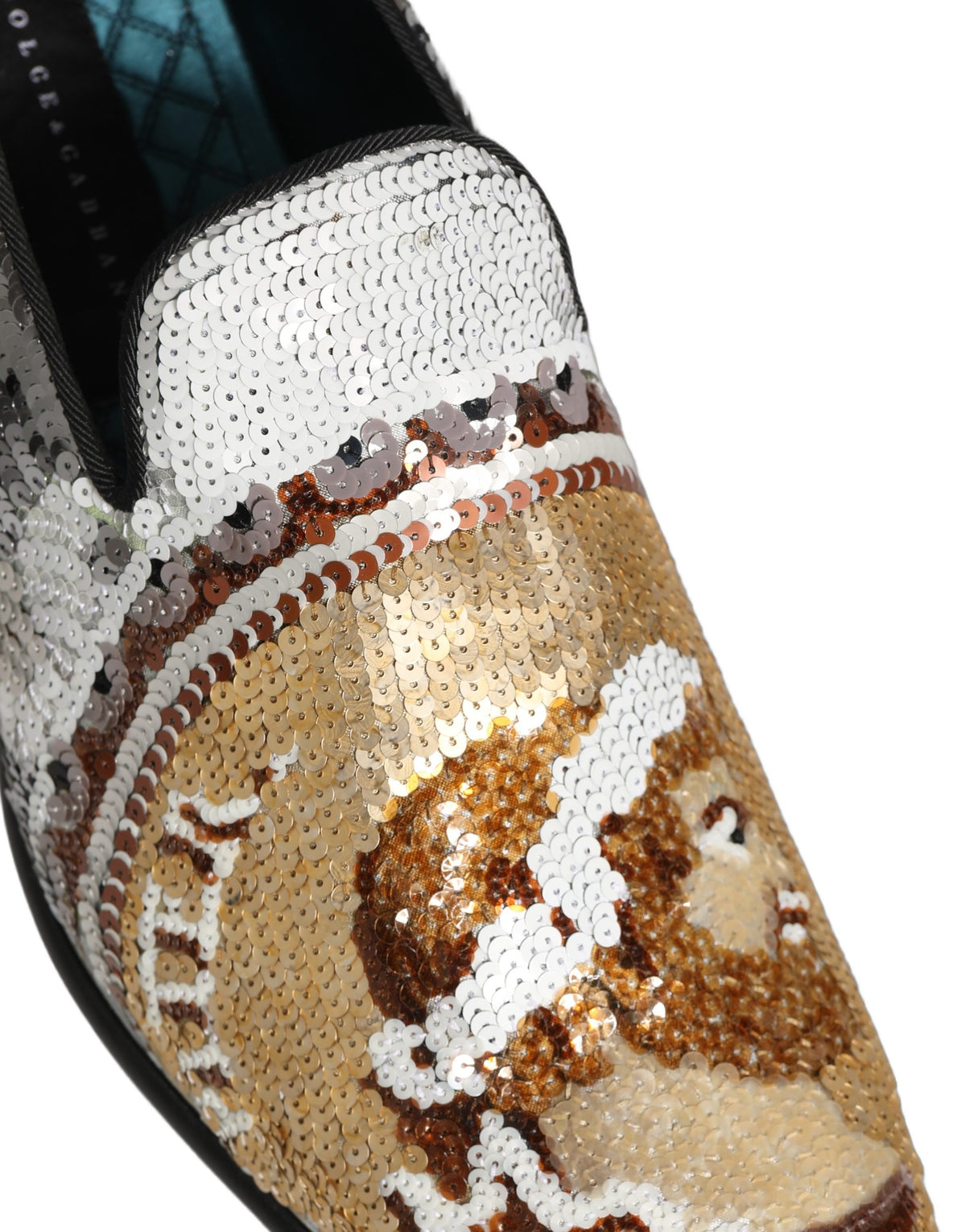 New Dolce & Gabbana White Gold Sequined Slip On Loafers Shoes