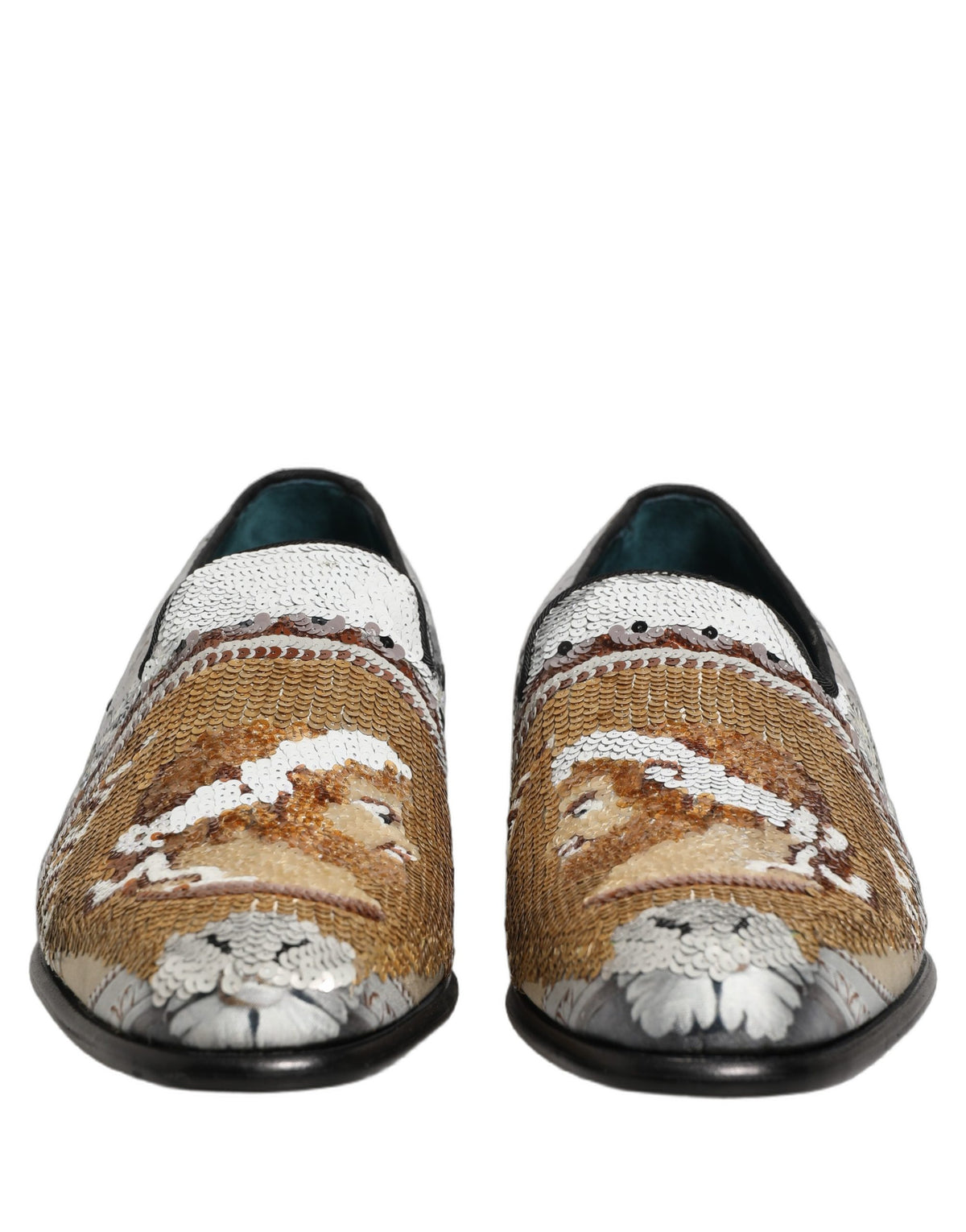 New Dolce & Gabbana White Gold Sequined Slip On Loafers Shoes