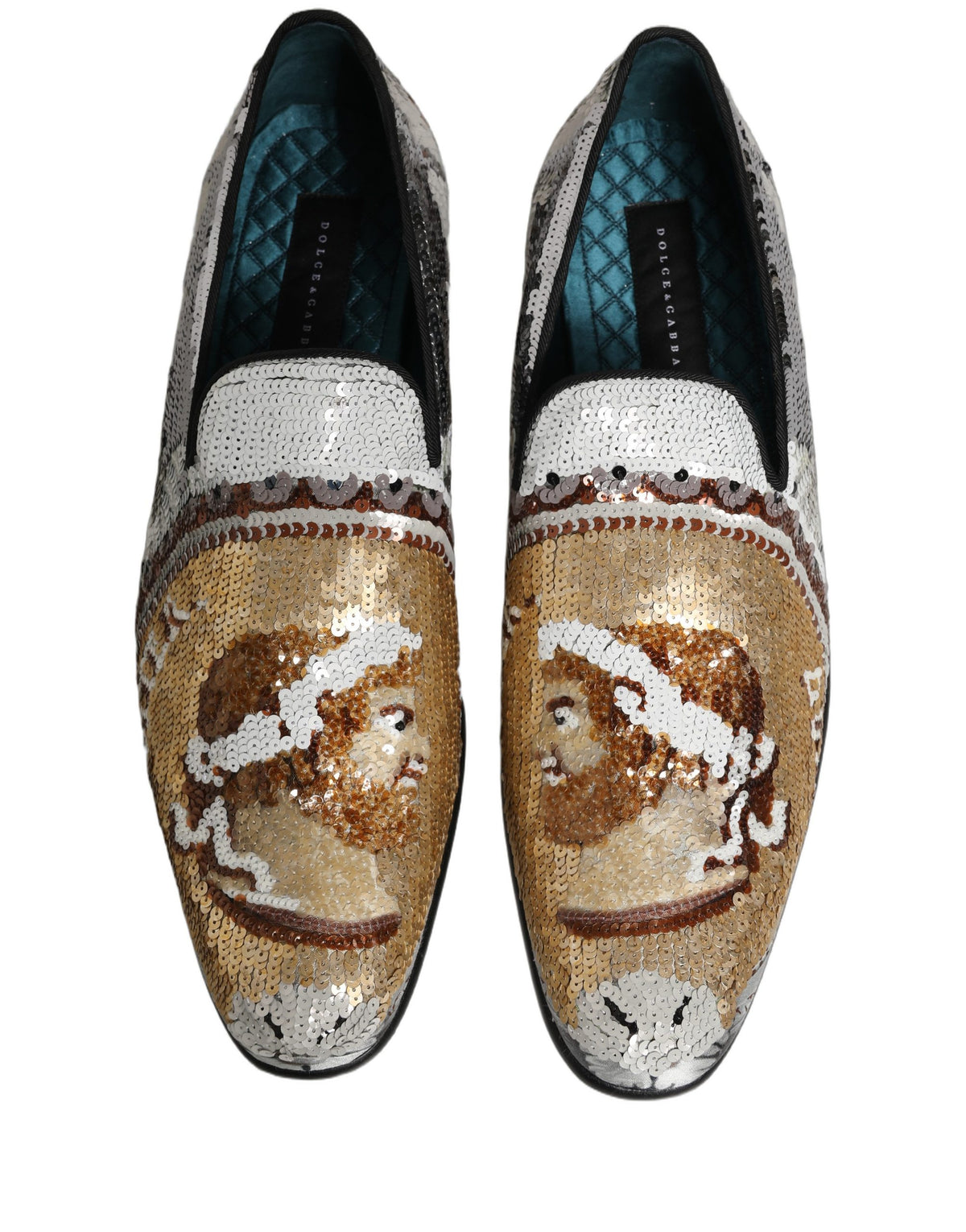 New Dolce & Gabbana White Gold Sequined Slip On Loafers Shoes