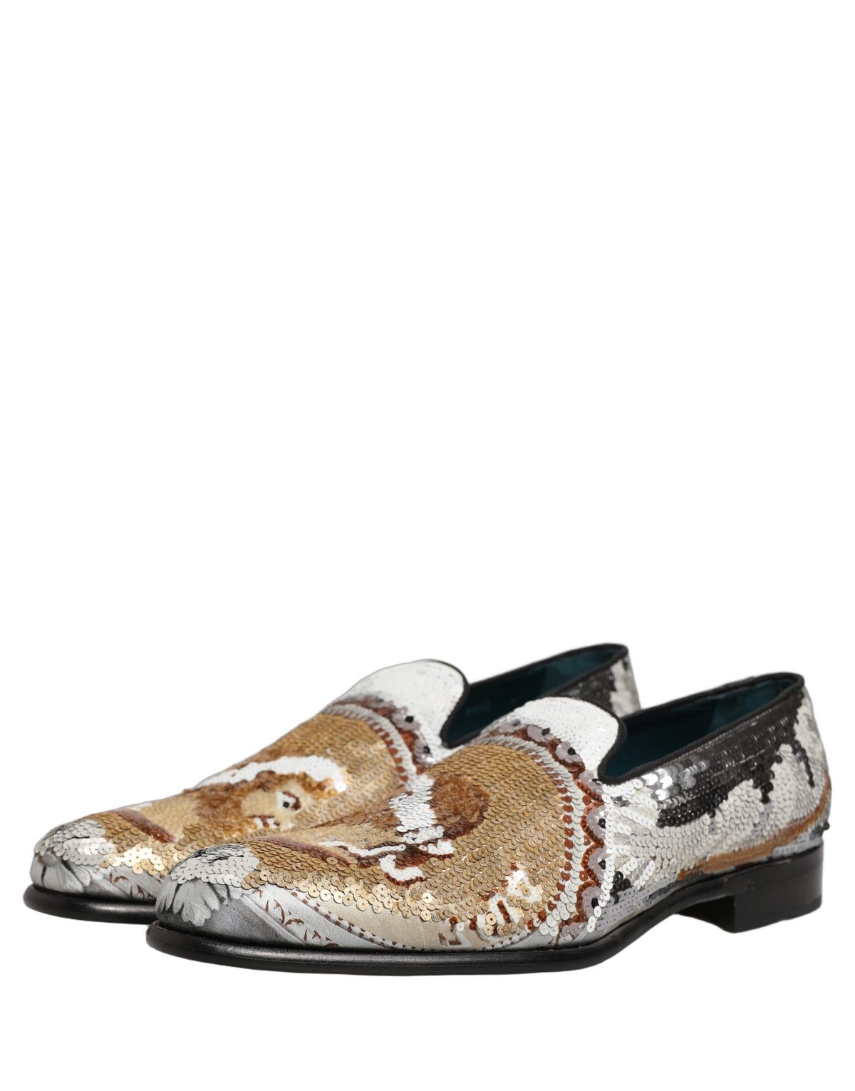 New Dolce & Gabbana White Gold Sequined Slip On Loafers Shoes