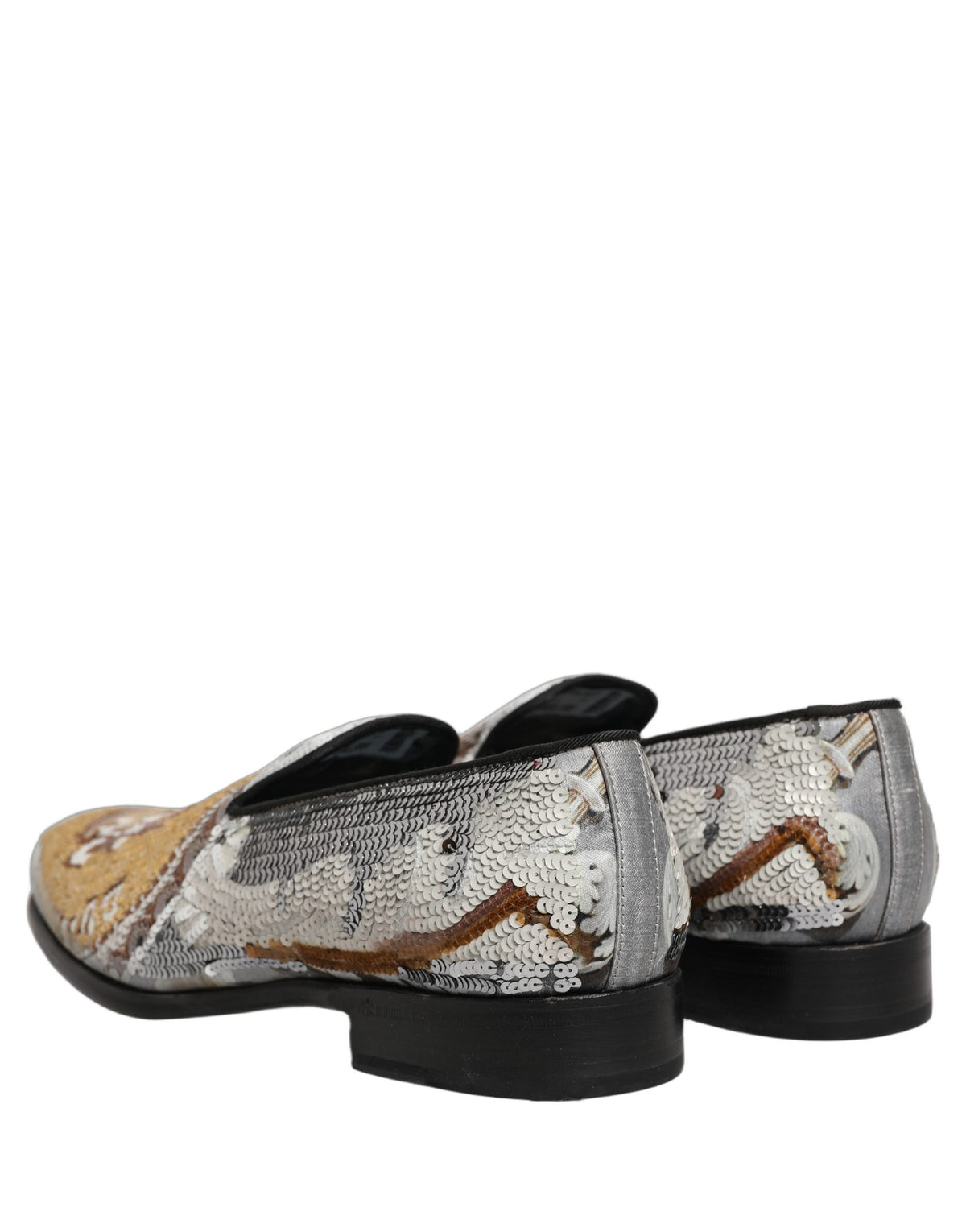 New Dolce & Gabbana White Gold Sequined Slip On Loafers Shoes
