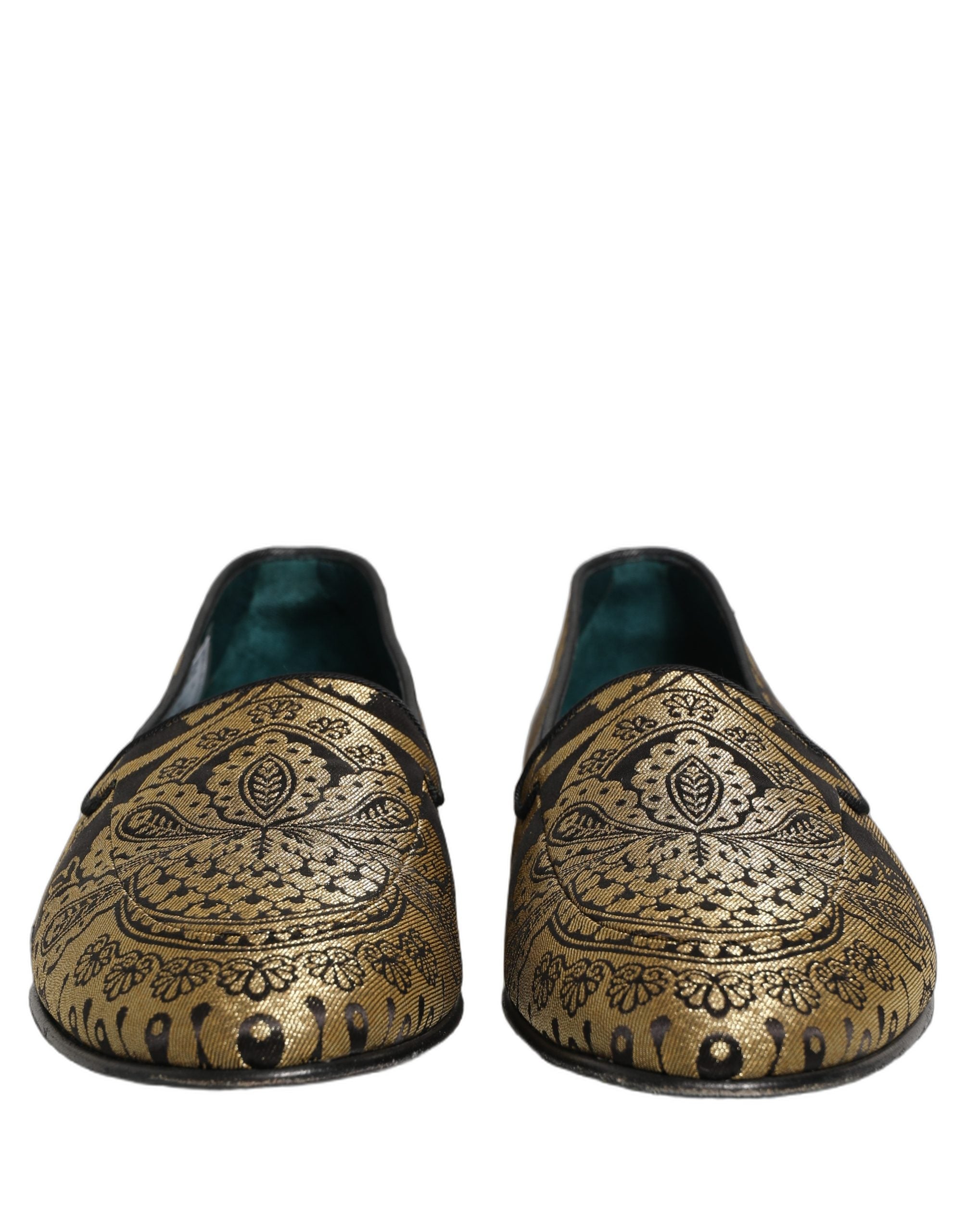 Dolce & Gabbana Gold Jacquard Leather Slip On Loafers Shoes