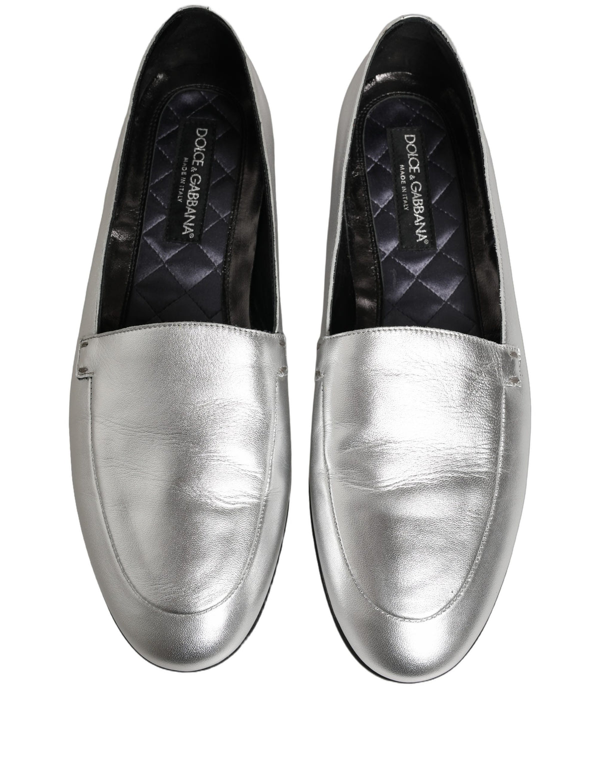New Dolce & Gabbana Silver Leather DG Logo Slip On Loafers Shoes