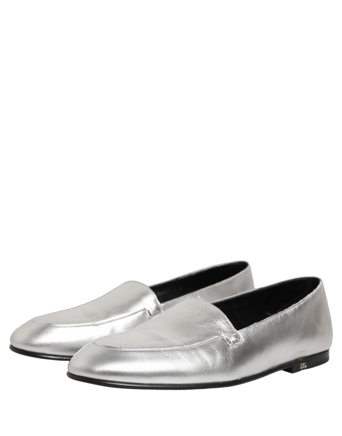 New Dolce & Gabbana Silver Leather DG Logo Slip On Loafers Shoes