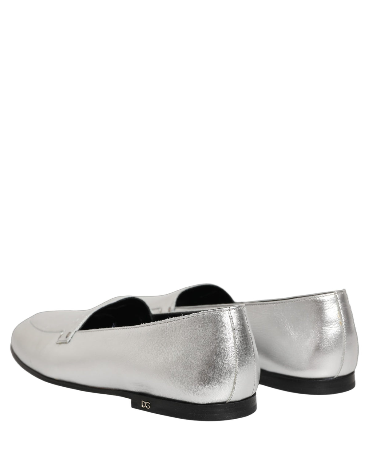New Dolce & Gabbana Silver Leather DG Logo Slip On Loafers Shoes