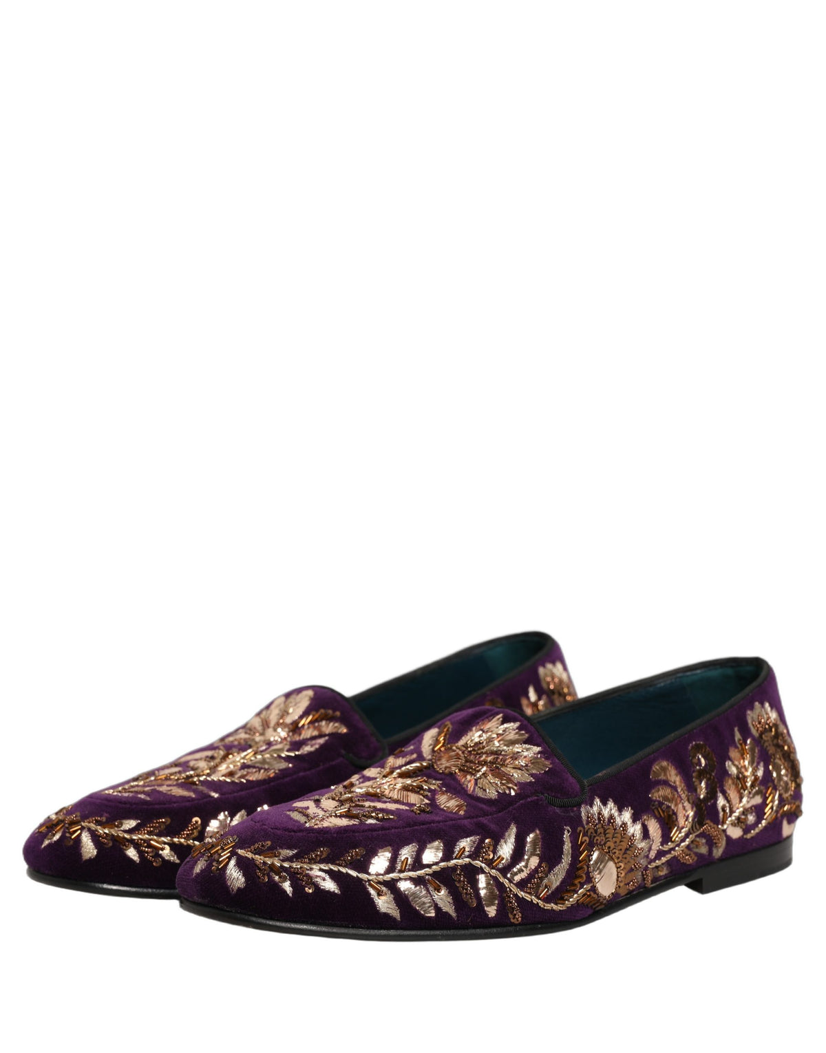 New Dolce & Gabbana Violet Velvet Floral Embroidery Loafers Shoes