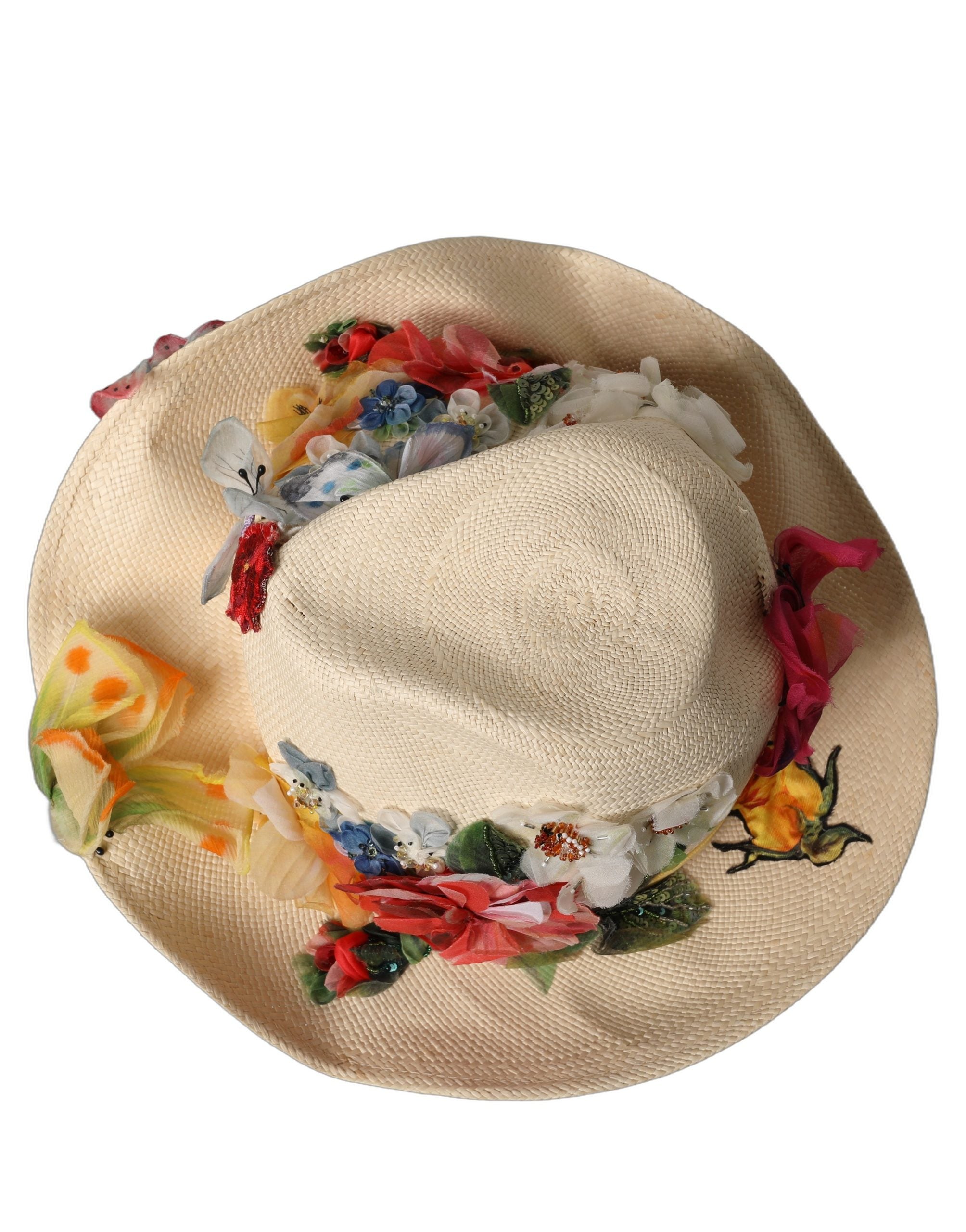 Dolce & Gabbana Women Beige Floral Apllique Straw Bucket Hat