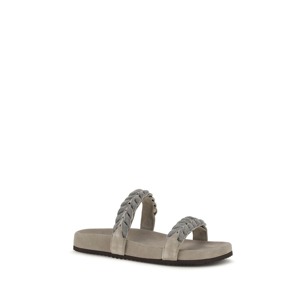 Brunello Cucinelli Gray Leather Flat Sandals