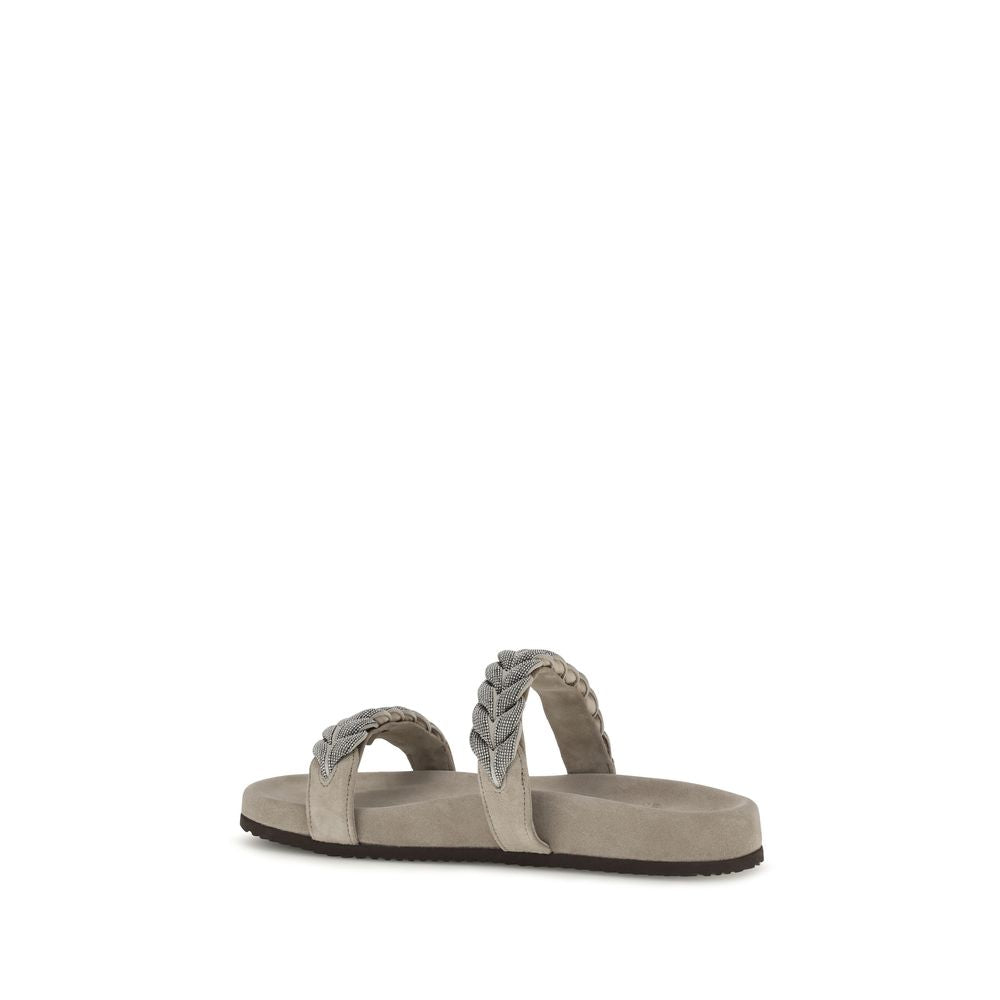 Brunello Cucinelli Gray Leather Flat Sandals