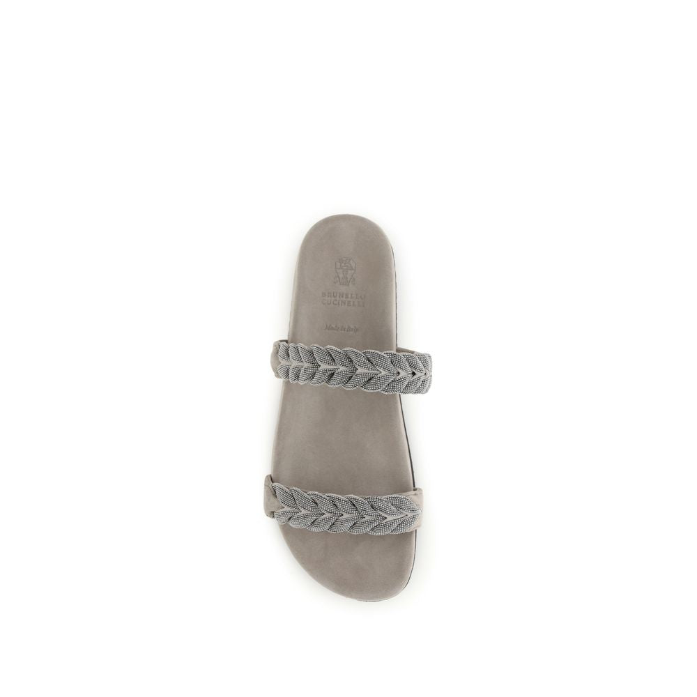 Brunello Cucinelli Gray Leather Flat Sandals