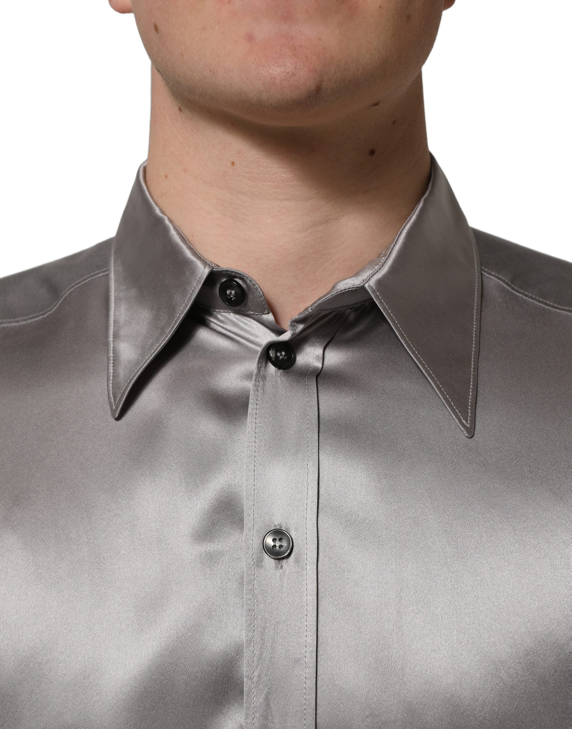 Dolce & Gabbana Metallic Grey Satin Silk Formal Dress Shirt