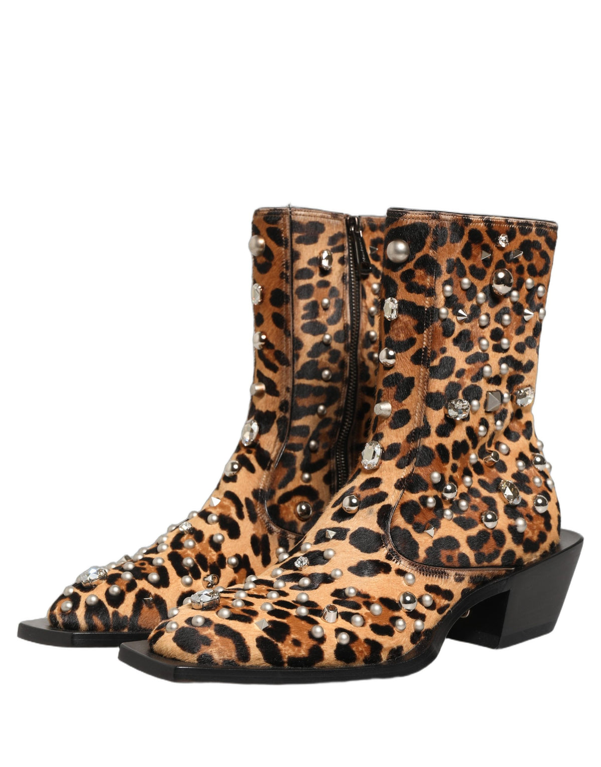 New Dolce & Gabbana Brown Leopard Embellished Mid Calf Men Boots Shoes