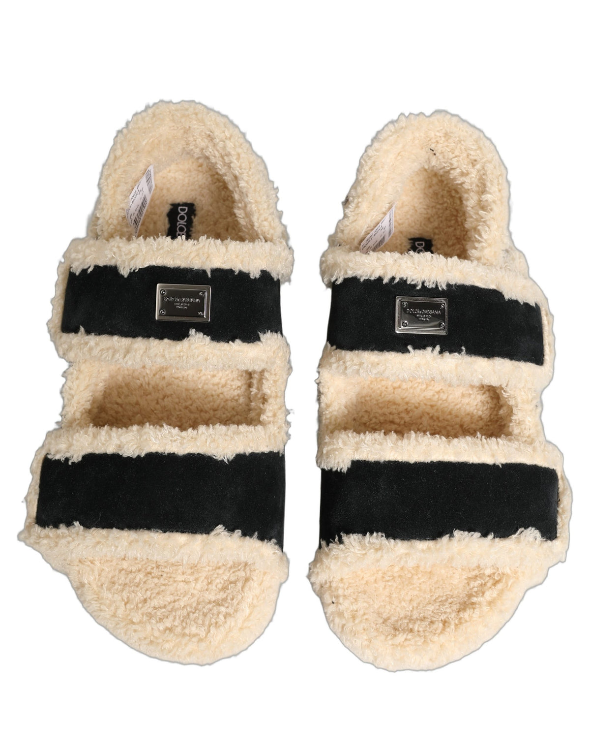 New Dolce & Gabbana Beige Black Faux Fur Flats Men Sandals Shoes