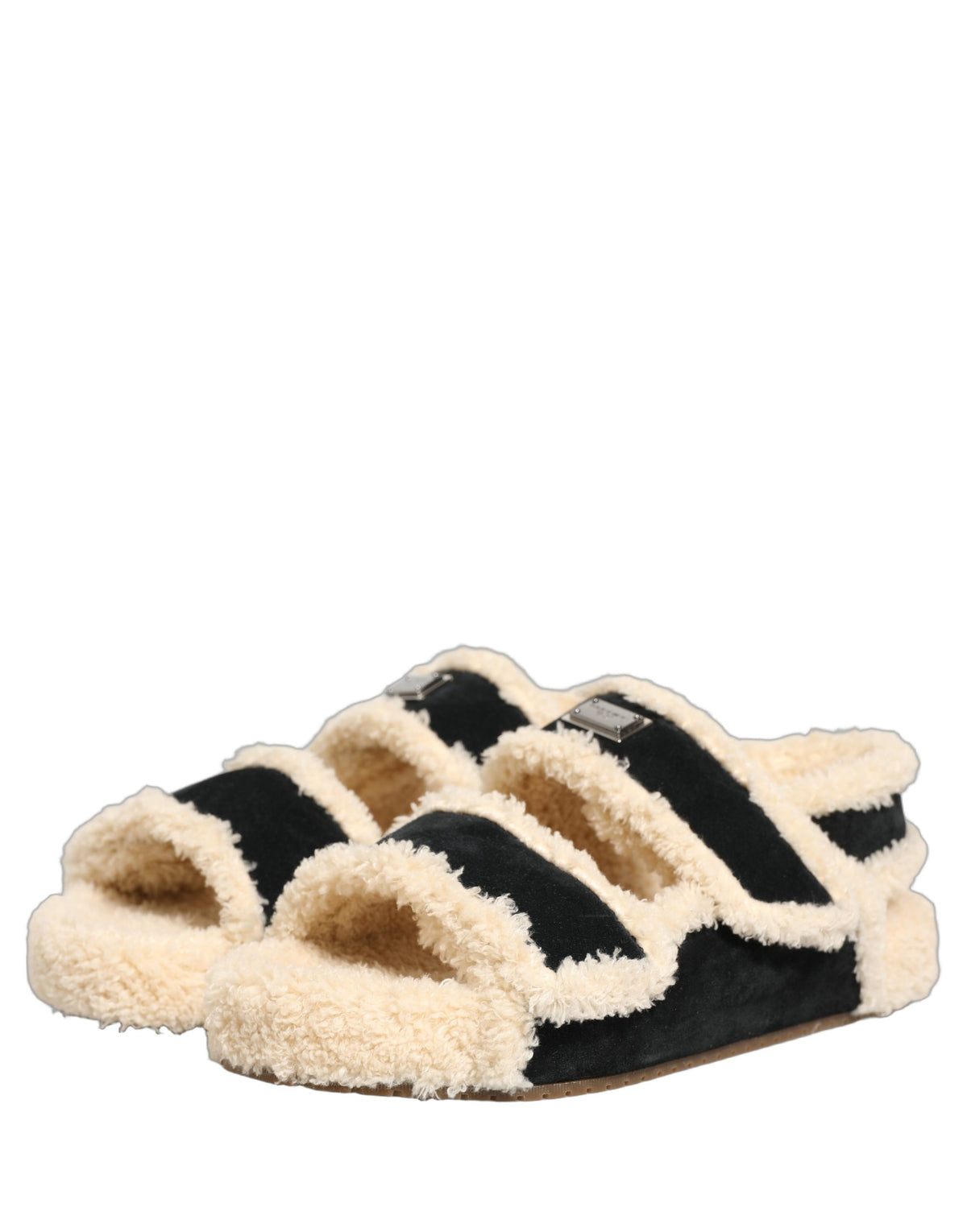 New Dolce & Gabbana Beige Black Faux Fur Flats Men Sandals Shoes