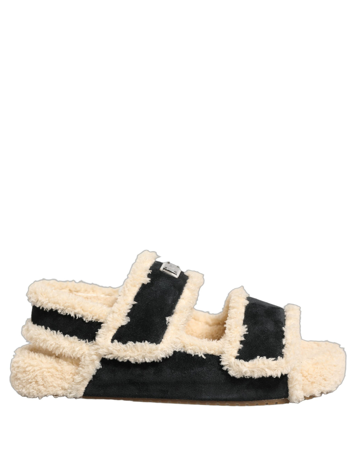 New Dolce & Gabbana Beige Black Faux Fur Flats Men Sandals Shoes