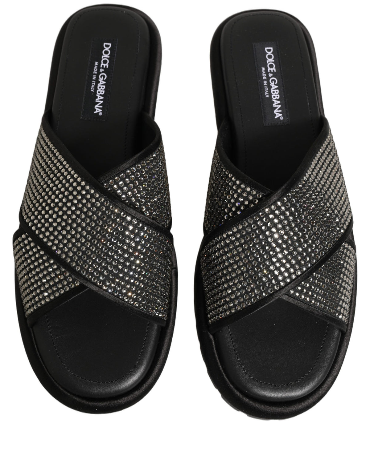 New Dolce & Gabbana Black Strass Criss Cross Slide Sandals Shoes