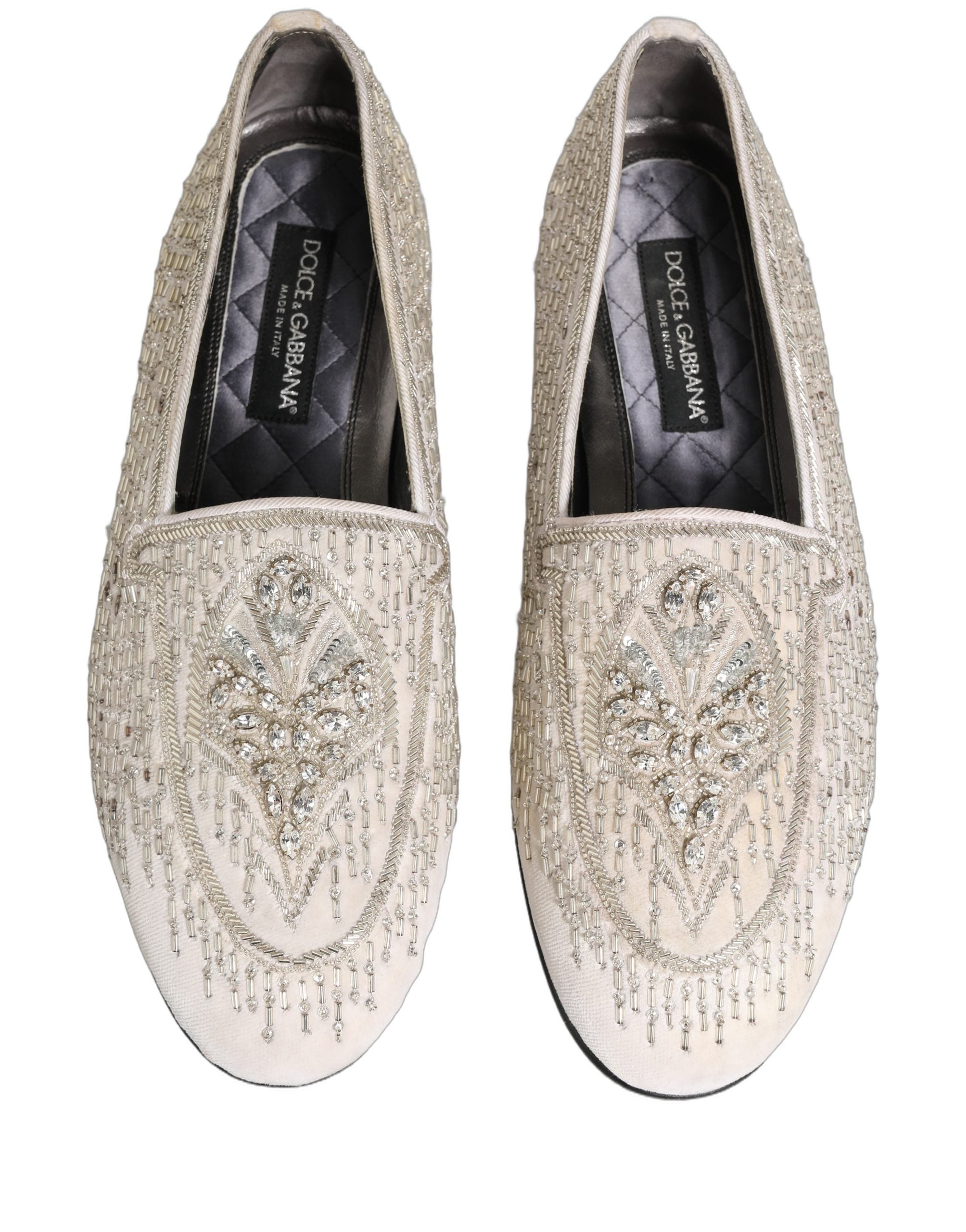 Pre-Owned Dolce & Gabbana White Satin Embellished Dress Loafers Shoes