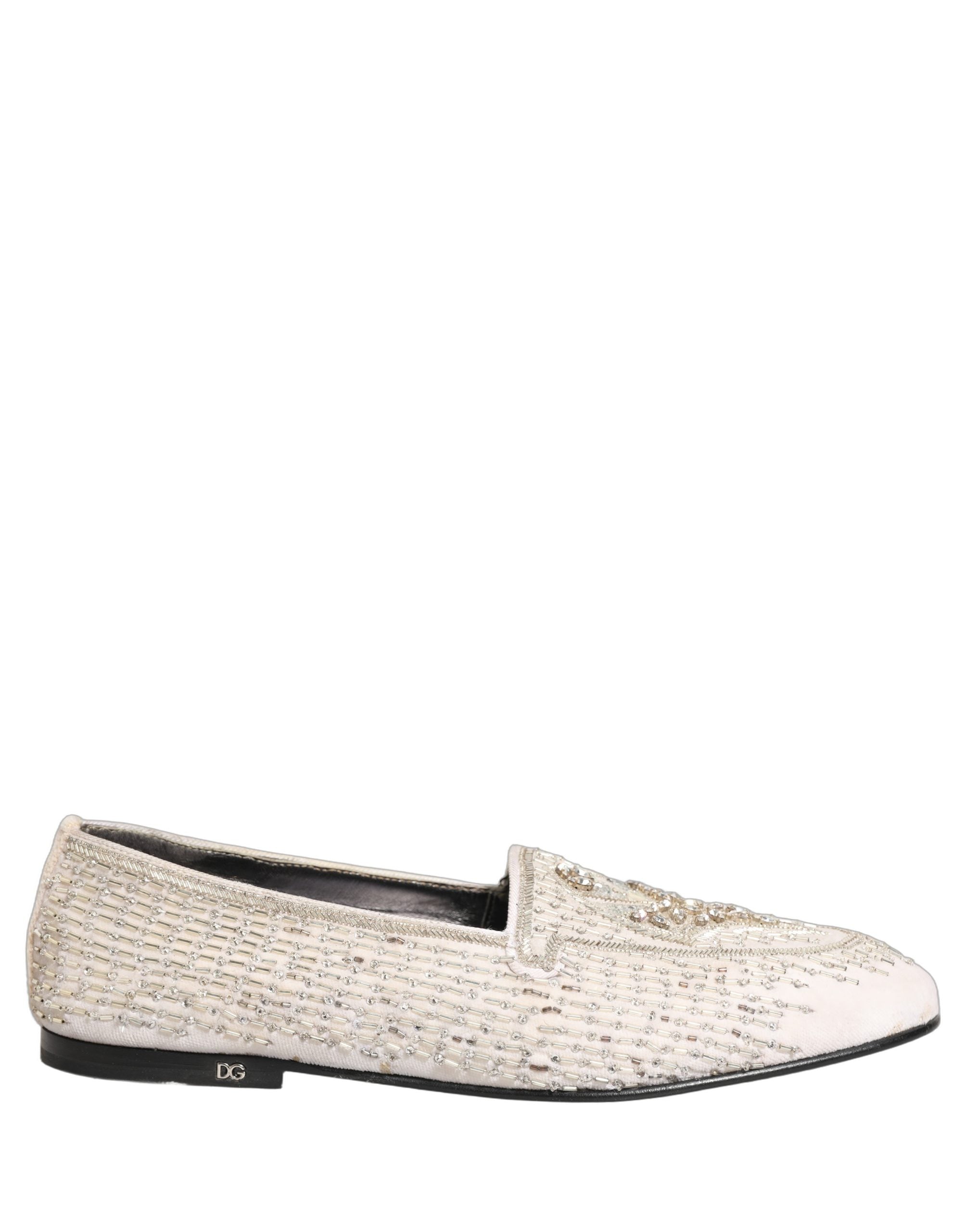 Pre-Owned Dolce & Gabbana White Satin Embellished Dress Loafers Shoes