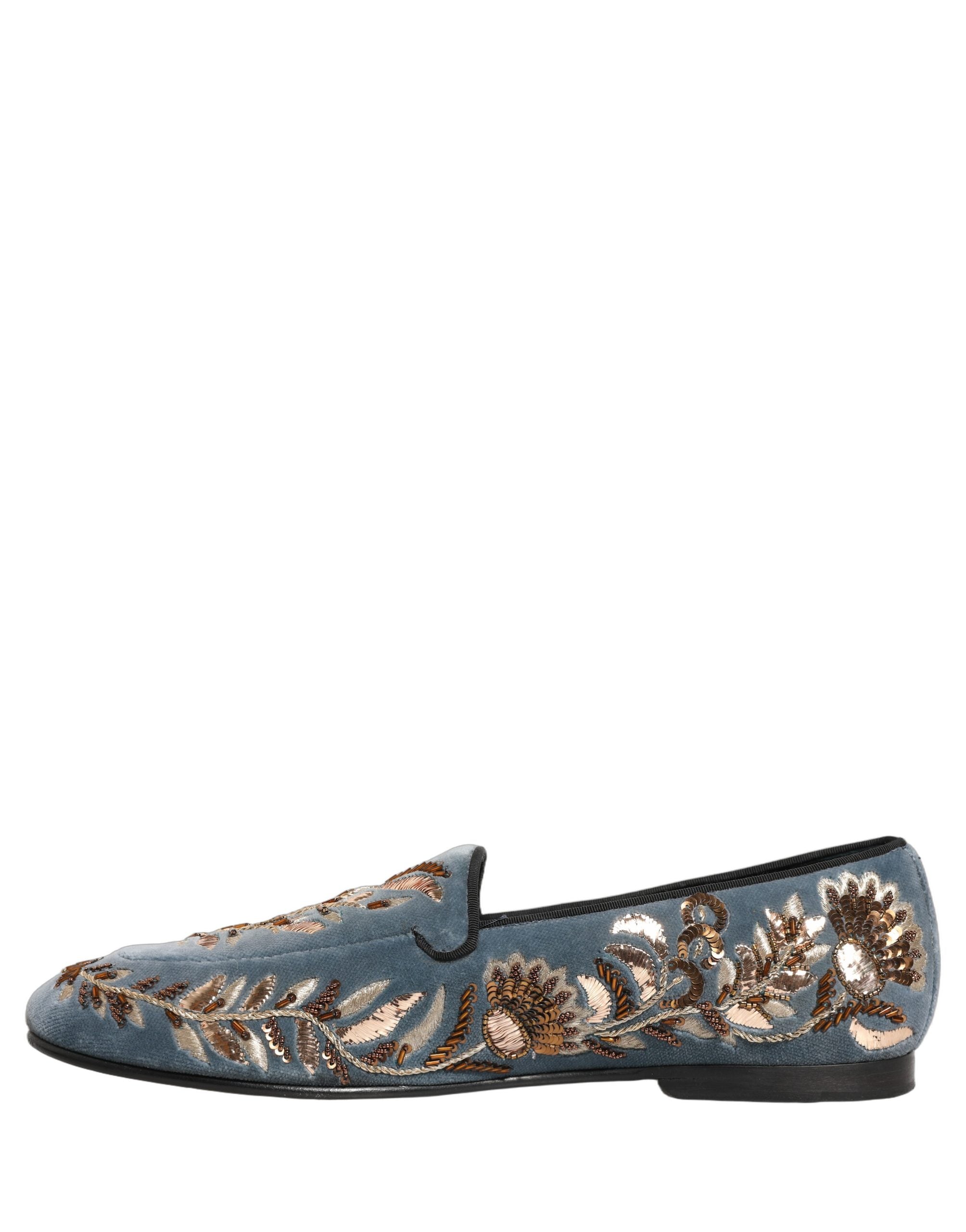 Pre-Owned Dolce & Gabbana Blue Velvet Embellished Dress Loafers Shoes