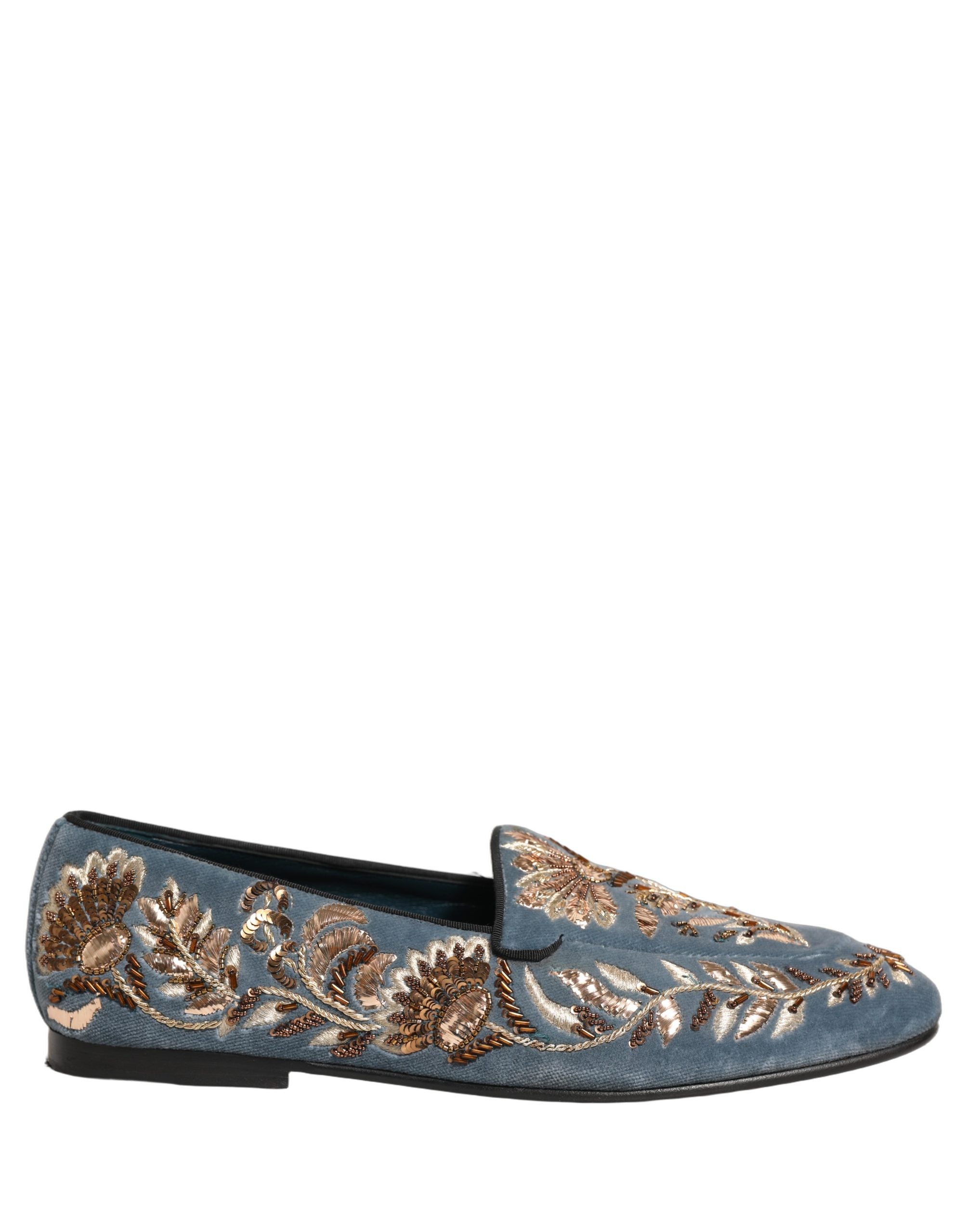 Pre-Owned Dolce & Gabbana Blue Velvet Embellished Dress Loafers Shoes