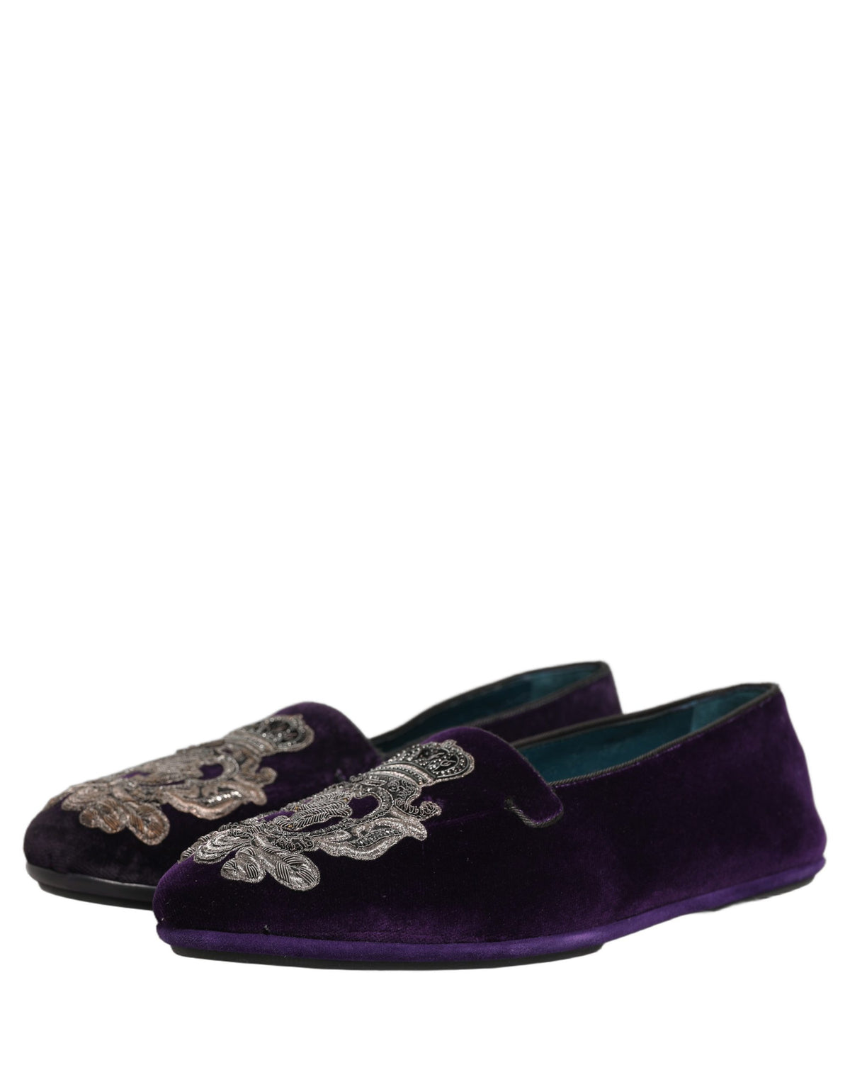 New Dolce & Gabbana Purple Velvet Crown Embroidery Loafers Shoes