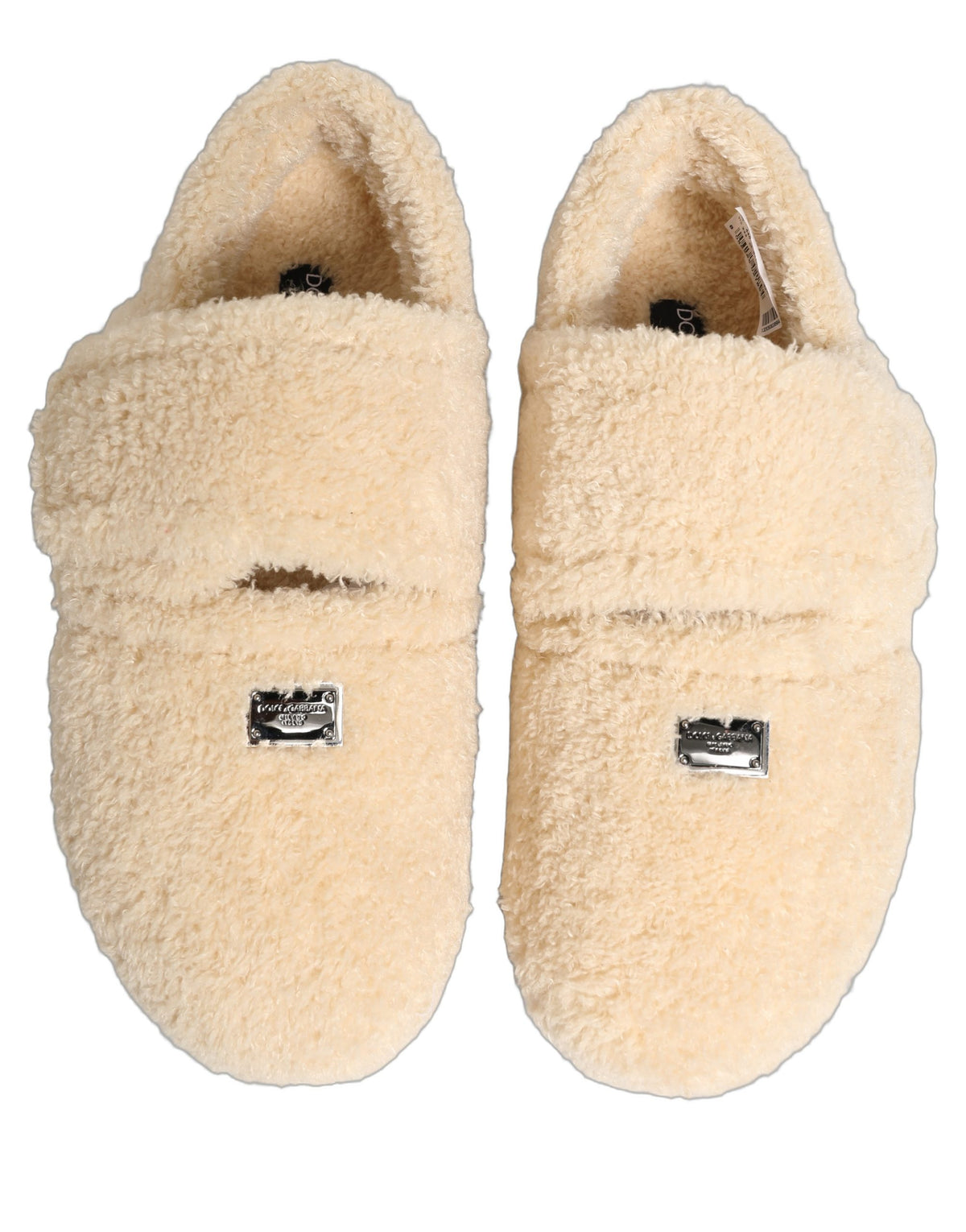 New Dolce & Gabbana Beige Faux Fur Flats Men Slides Sandals Shoes
