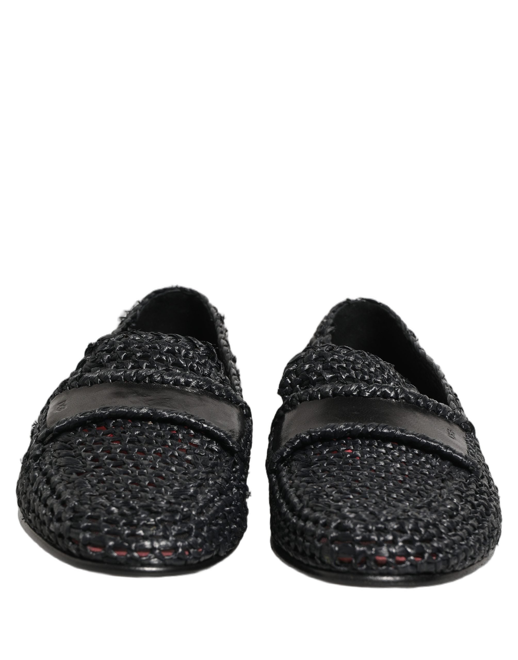 Dolce & Gabbana Black Woven Raffia Slip On Loafers Shoes