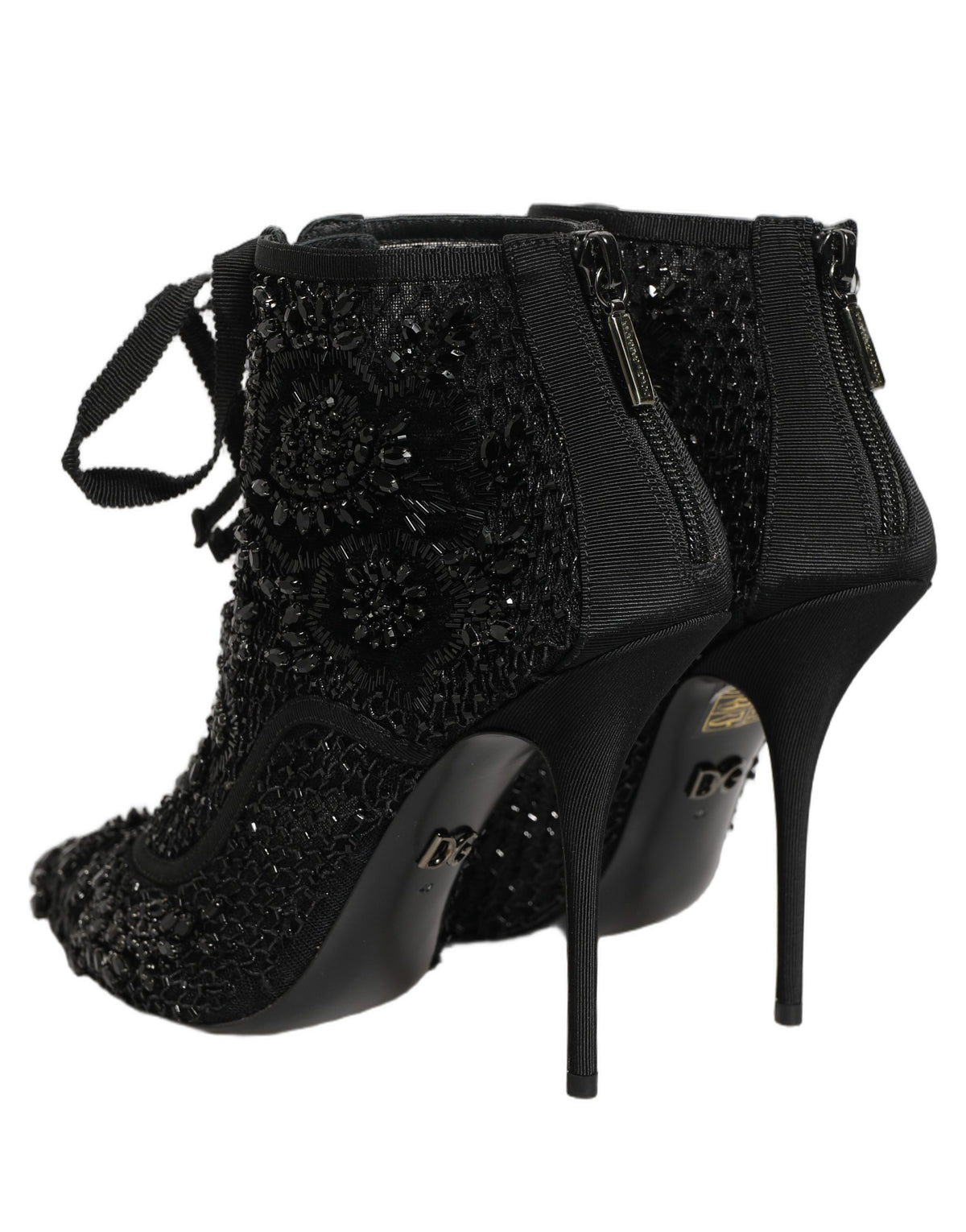 New Dolce & Gabbana Black Embellished Mesh Ankle Boots Shoes