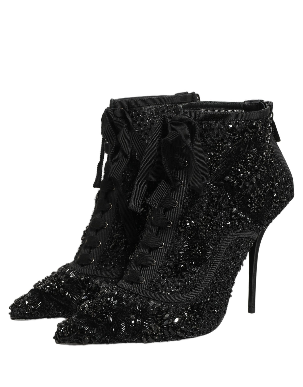 New Dolce & Gabbana Black Embellished Mesh Ankle Boots Shoes