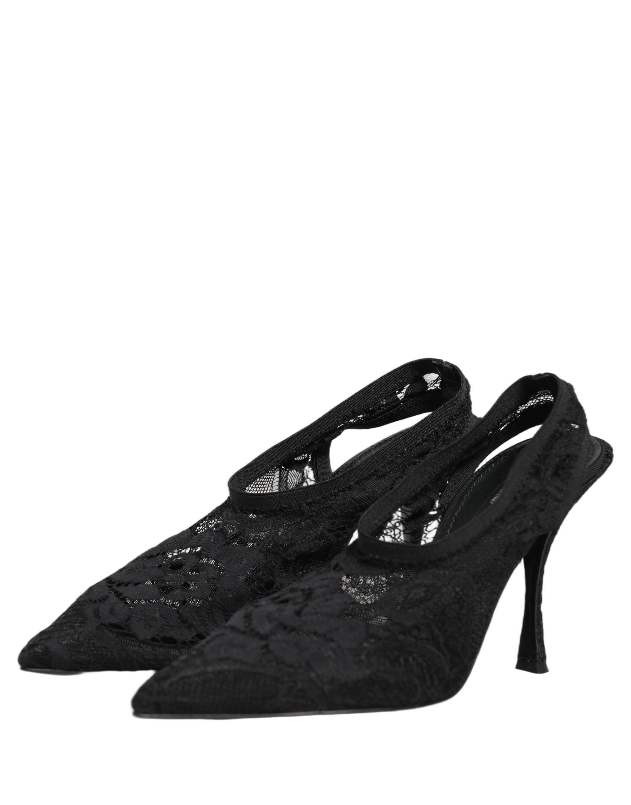 Dolce & Gabbana Black Lace Pointed Toe Slingback Pumps Shoes