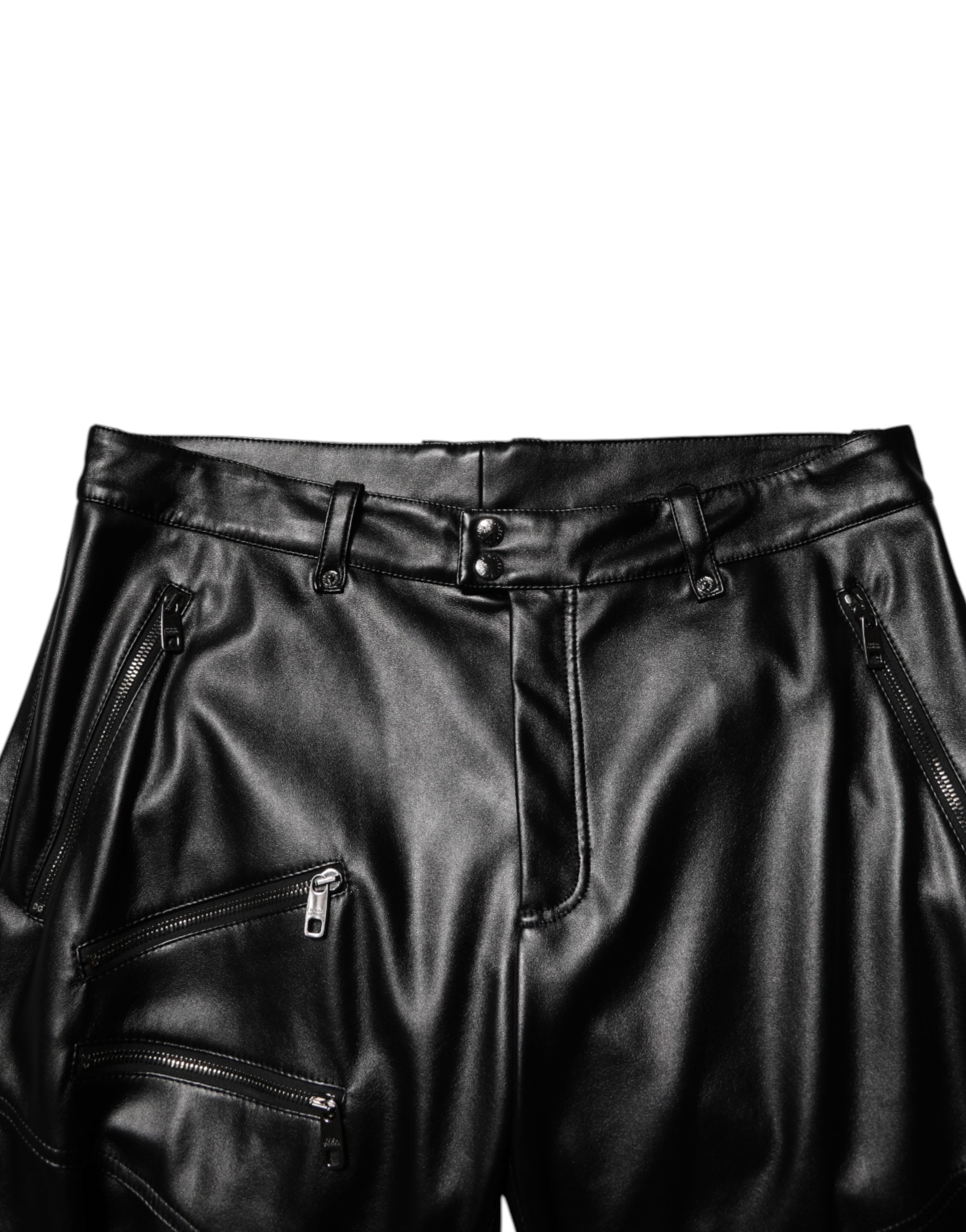 Dolce & Gabbana Black PU Leather Zipper Men Trouser Pants
