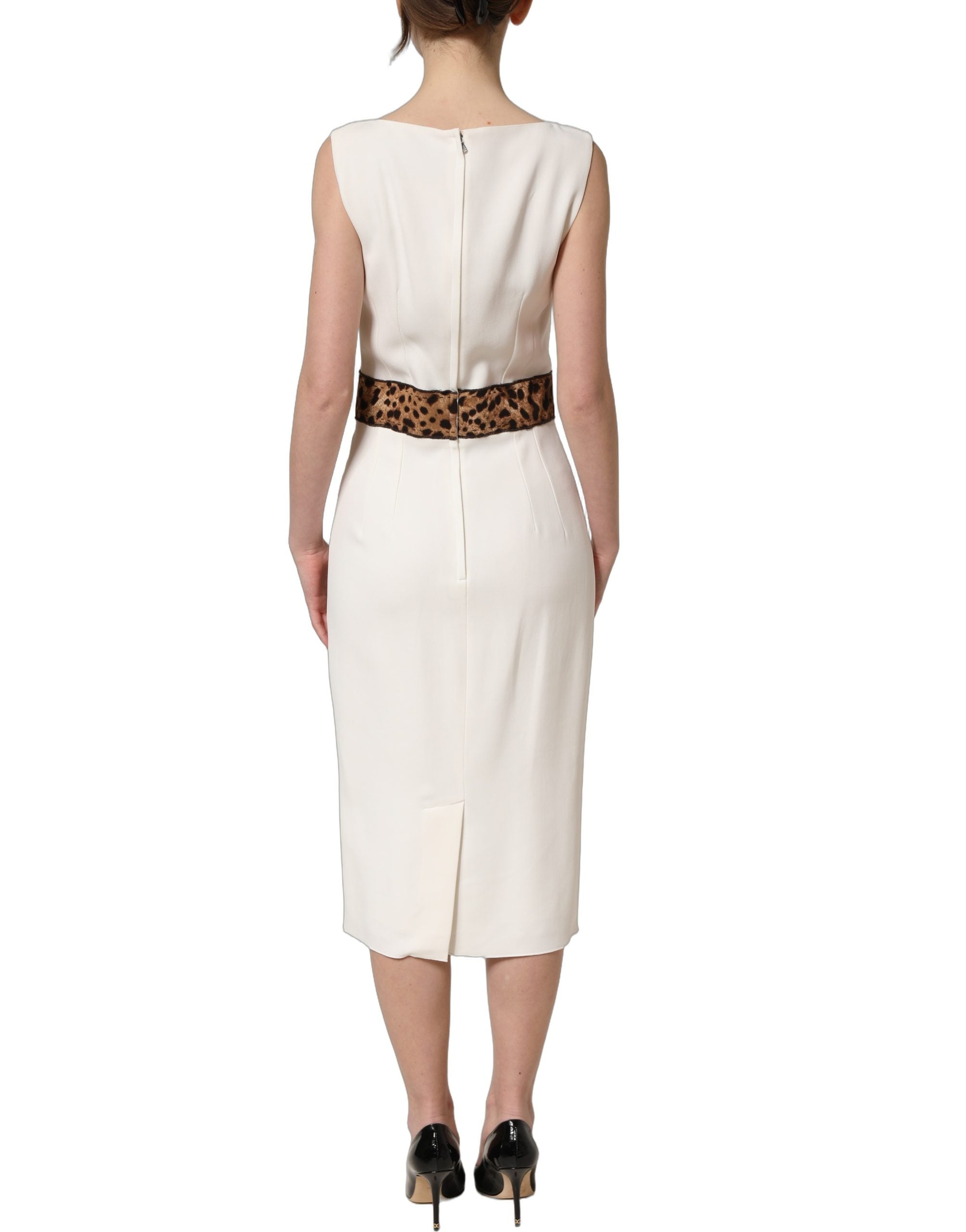 Dolce & Gabbana White Leopard Sleeveless Sheath Midi Dress
